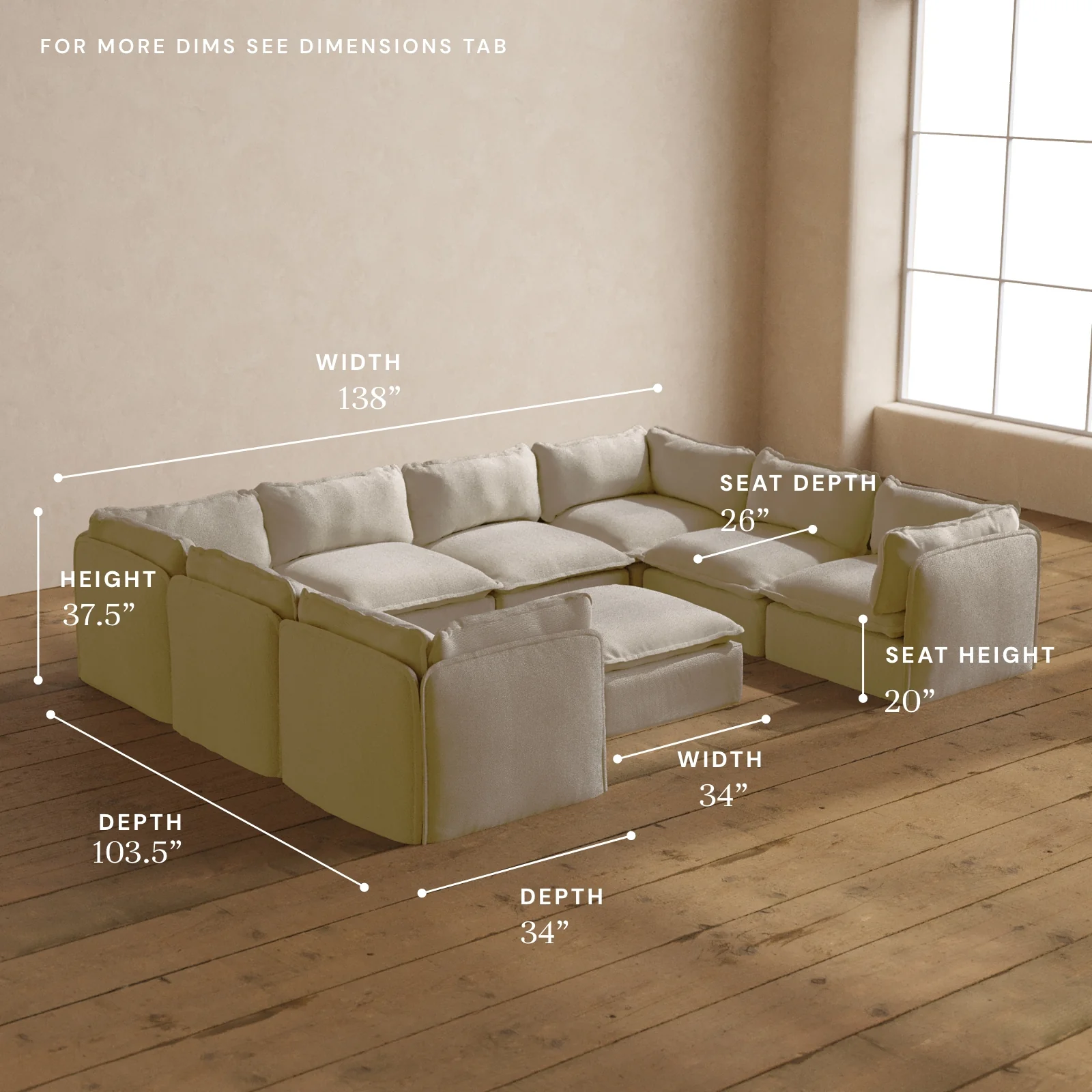 Modular Washable 8-Seater U-Sectional + Ottoman in Powder | Memorix+ Seat | Contour Pillow - Image 5