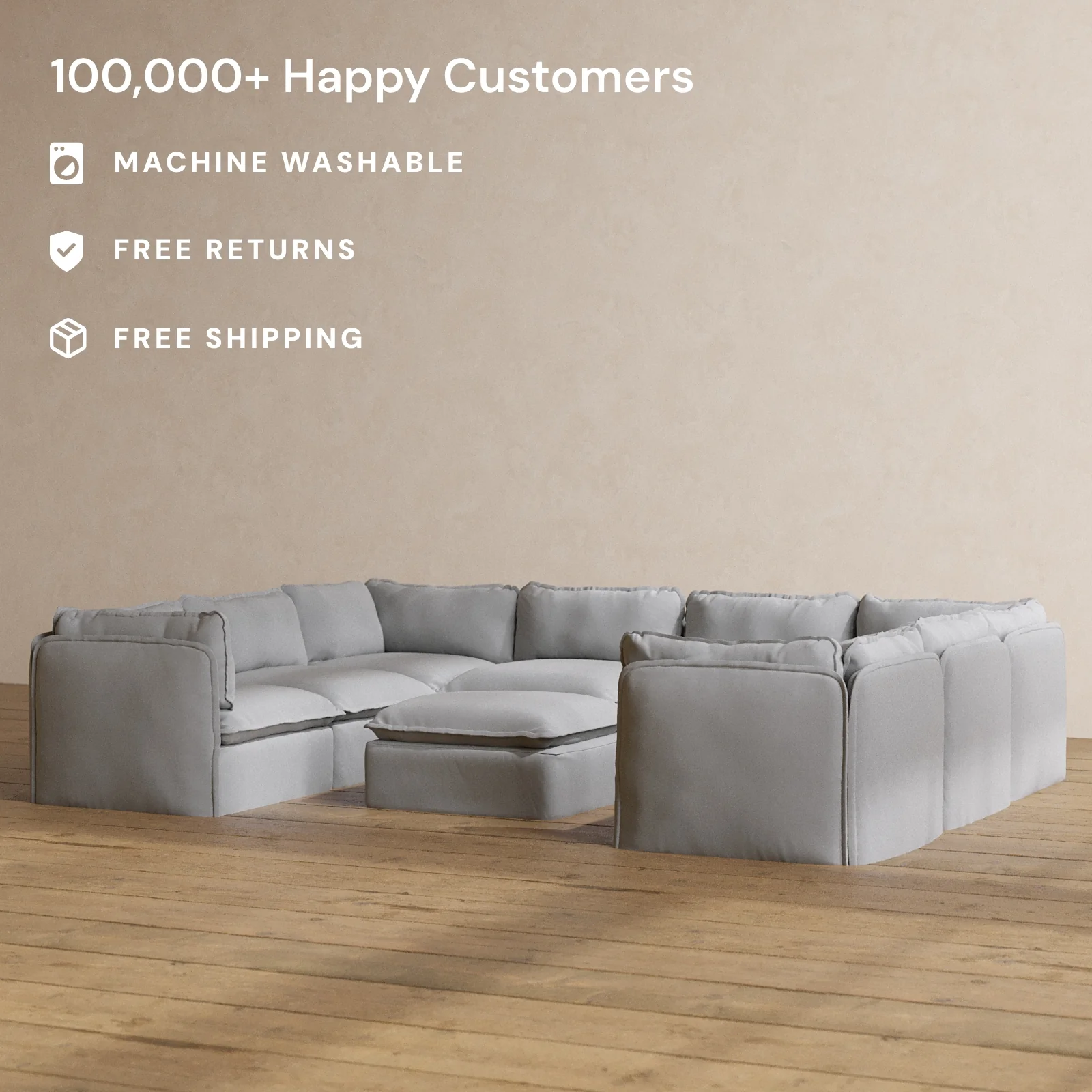 Modular Washable 8-Seater U-Sectional + Ottoman in Pumice | Deluxe+ Seat | Cloud Pillow - Image 2
