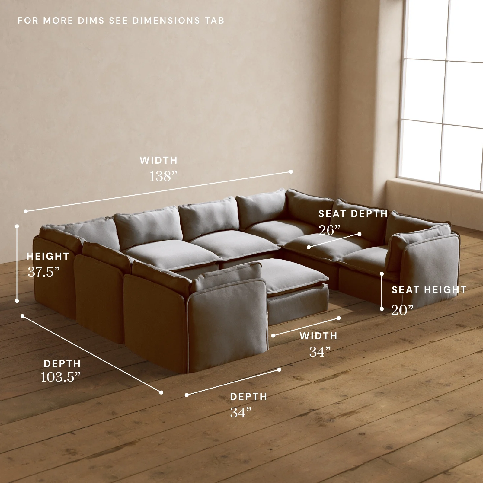 Modular Washable 8-Seater U-Sectional + Ottoman in Pumice | Memorix+ Seat | Contour Pillow - Image 5