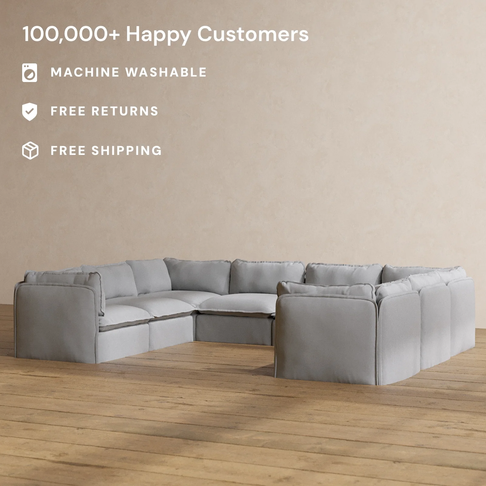 Modular Washable 8-Seater U-Sectional in Pumice | Deluxe+ Seat | Cloud Pillow - Image 2