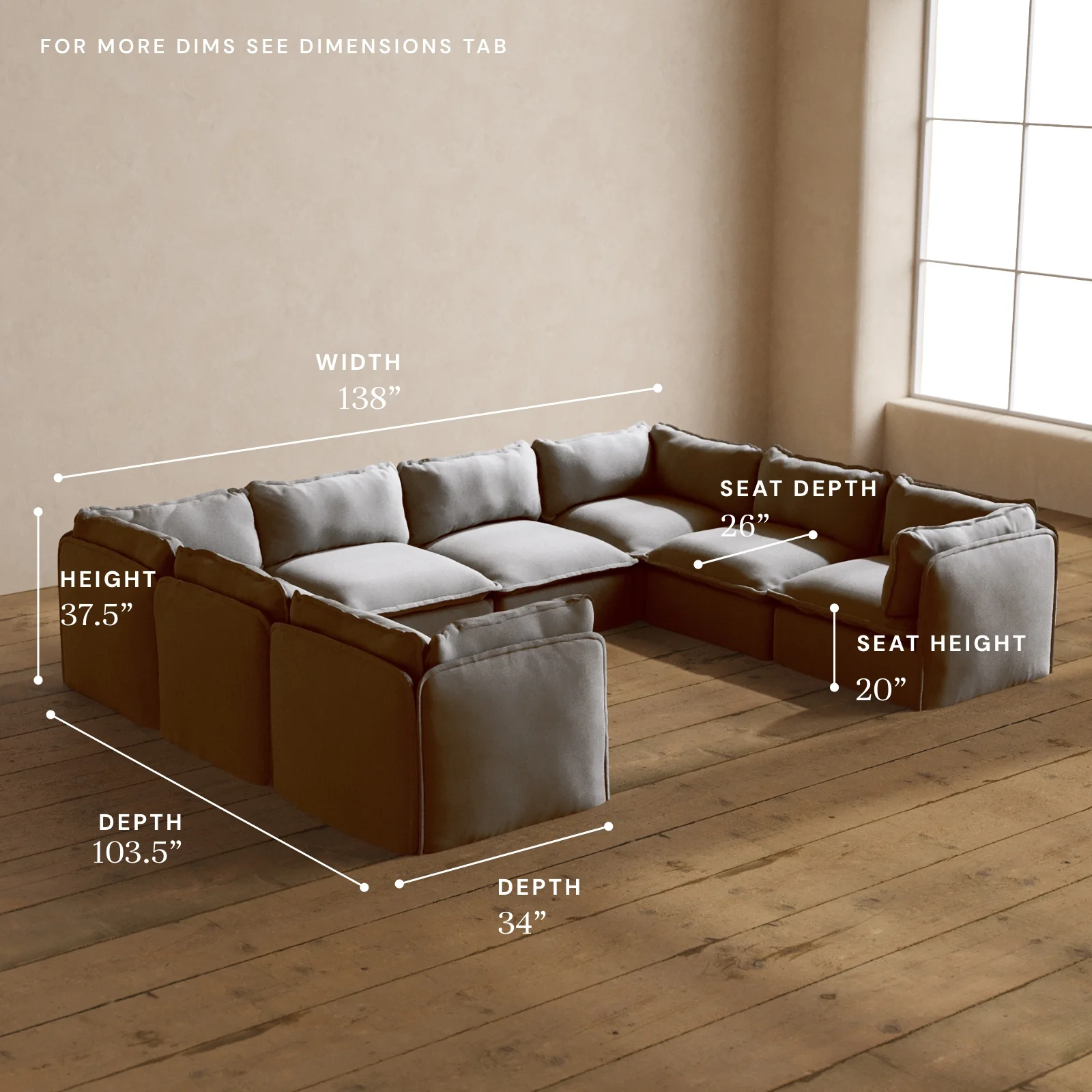 Modular Washable 8-Seater U-Sectional in Pumice | Memorix+ Seat | Contour Pillow - Image 5