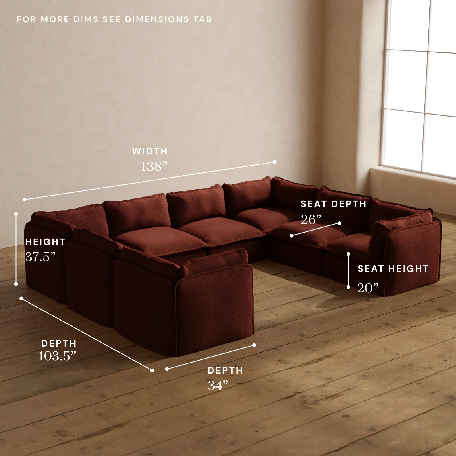 Modular Washable 8-Seater U-Sectional in Rust | Deluxe+ Seat | Cloud Pillow - Image 5