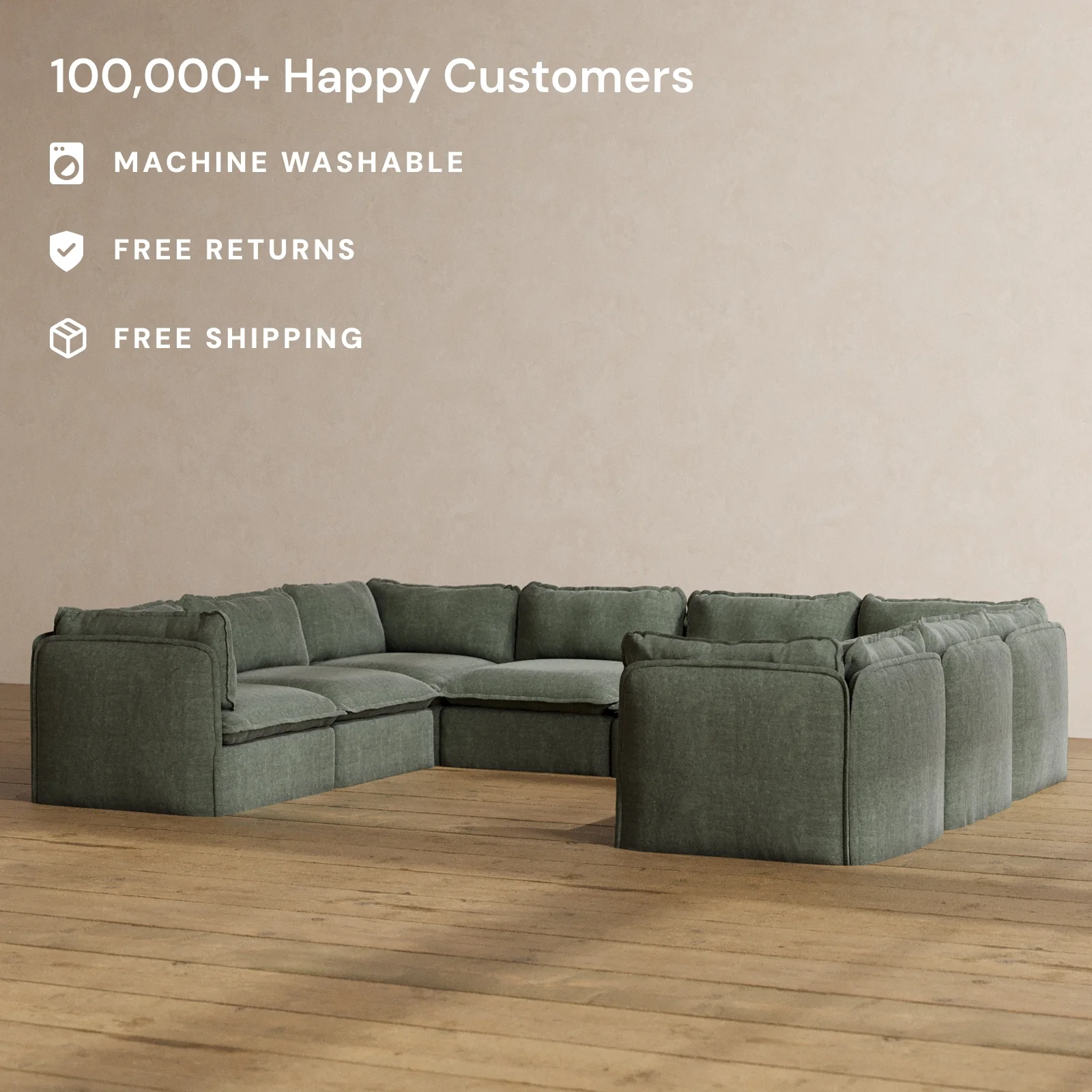 Modular Washable 8-Seater U-Sectional in Willow | Deluxe+ Seat | Cloud Pillow - Image 2
