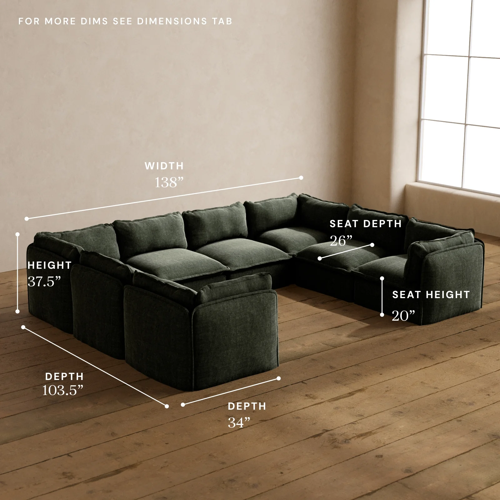 Modular Washable 8-Seater U-Sectional in Willow | Deluxe+ Seat | Cloud Pillow - Image 5
