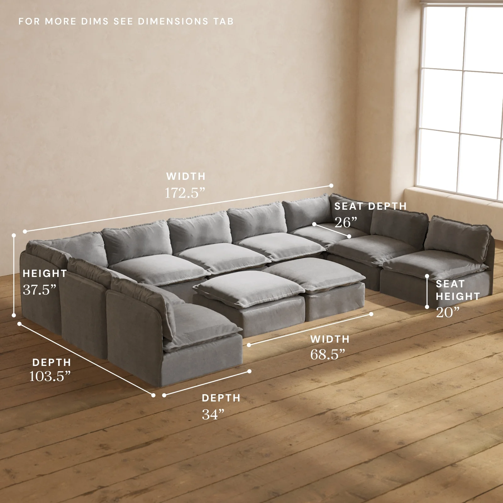 Modular Washable 9-Seater Open-Ends U-Sectional + Bench Ottoman in Ash | Deluxe+ Seat | Cloud Pillow - Image 5