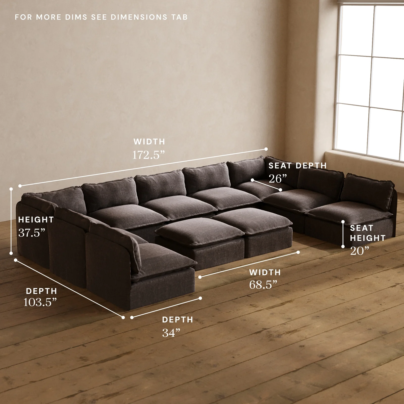 Modular Washable 9-Seater Open-Ends U-Sectional + Bench Ottoman in Caviar | Deluxe+ Seat | Cloud Pillow - Image 5