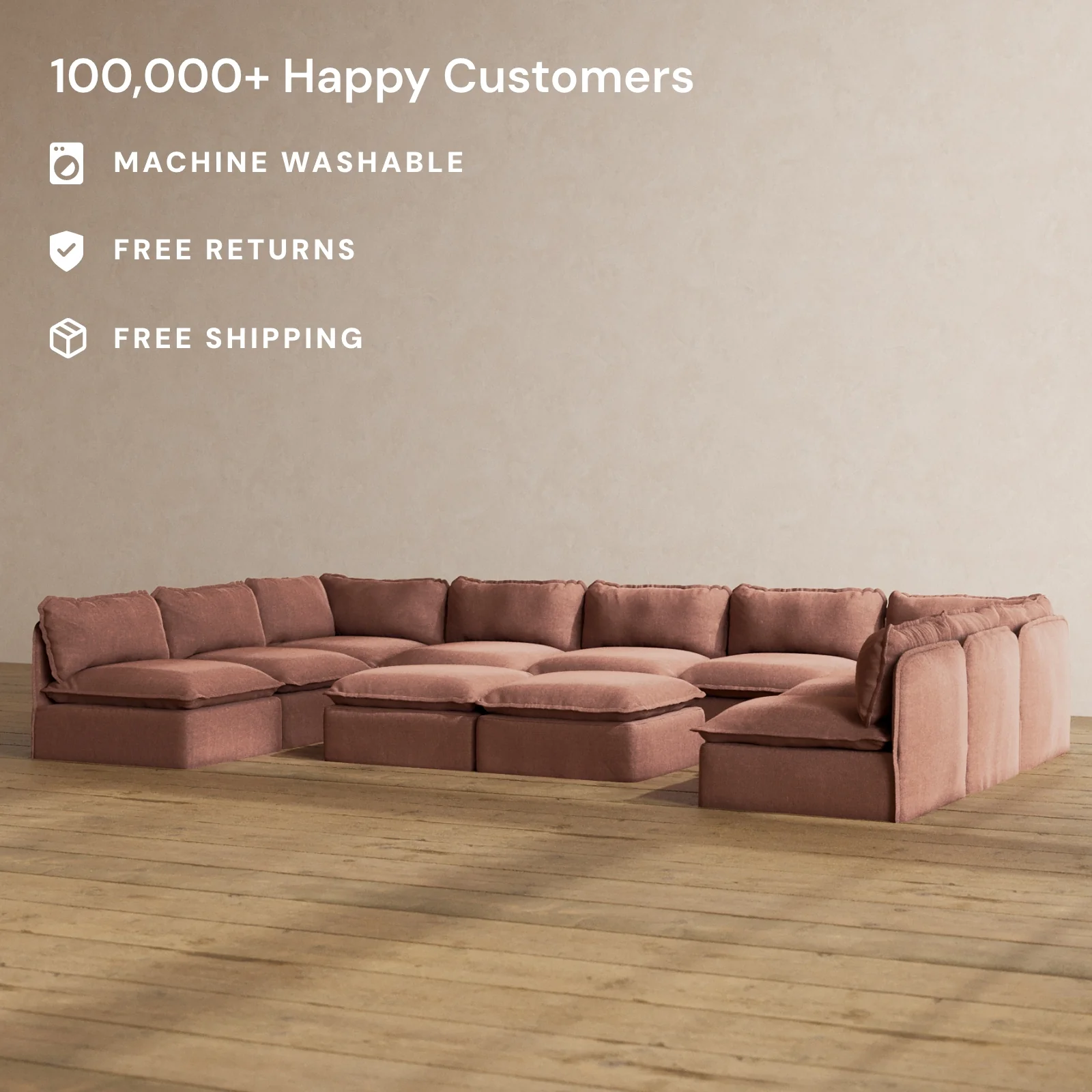 Modular Washable 9-Seater Open-Ends U-Sectional + Bench Ottoman in Chestnut | Deluxe+ Seat | Cloud Pillow - Image 2