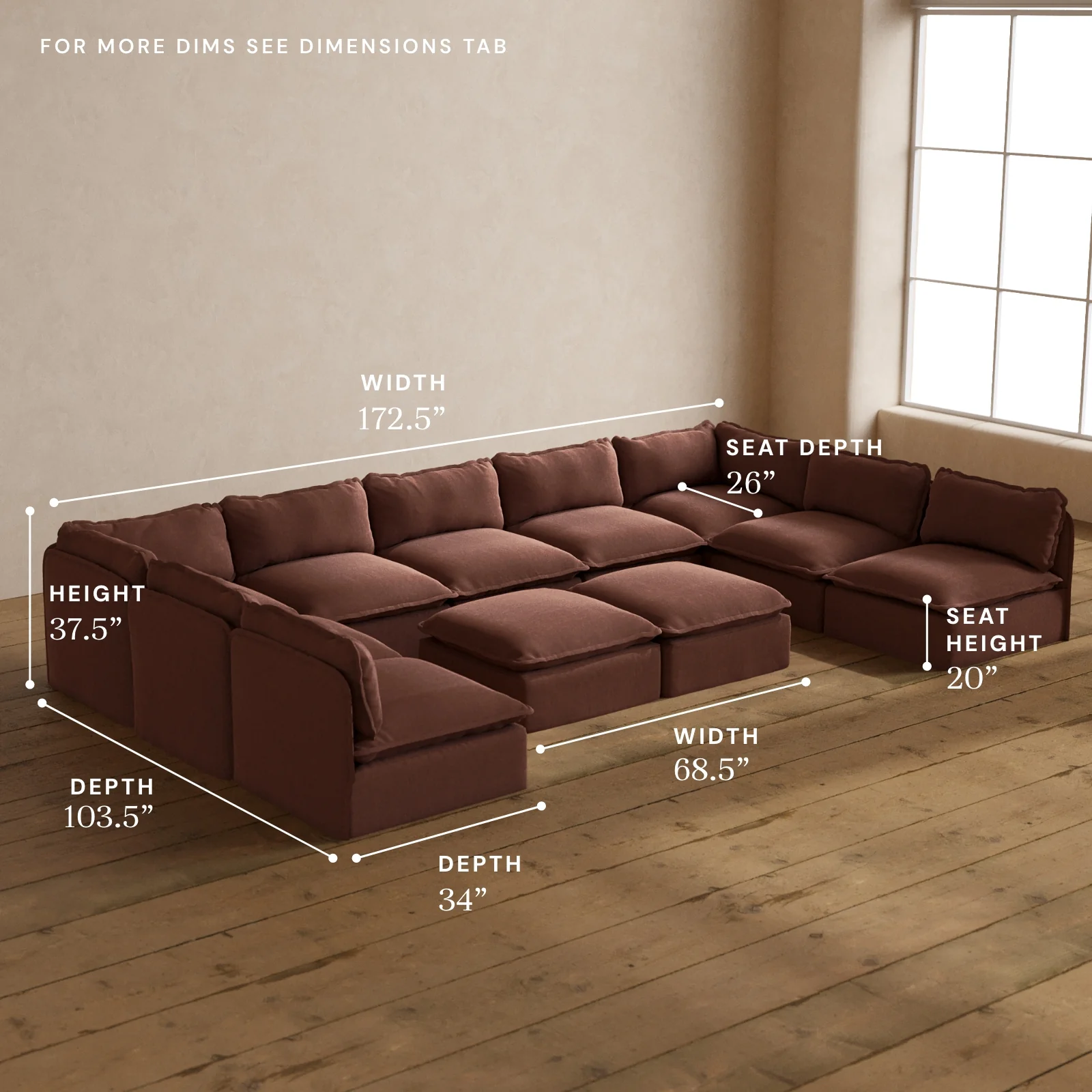 Modular Washable 9-Seater Open-Ends U-Sectional + Bench Ottoman in Chestnut | Deluxe+ Seat | Cloud Pillow - Image 5