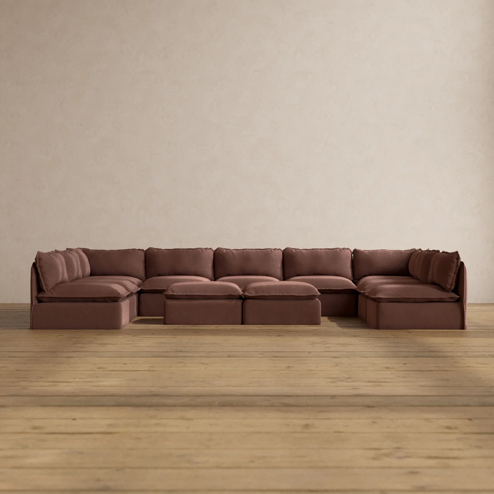 Modular Washable 9-Seater Open-Ends U-Sectional + Bench Ottoman in Chestnut | Memorix+ Seat | Contour Pillow