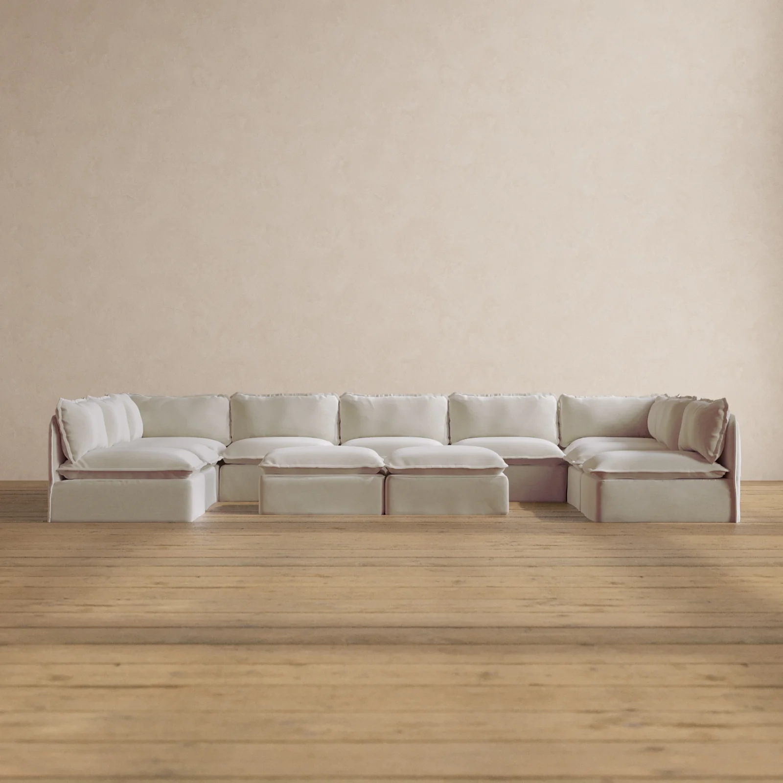 Modular Washable 9-Seater Open-Ends U-Sectional + Bench Ottoman in Coco | Deluxe+ Seat | Cloud Pillow