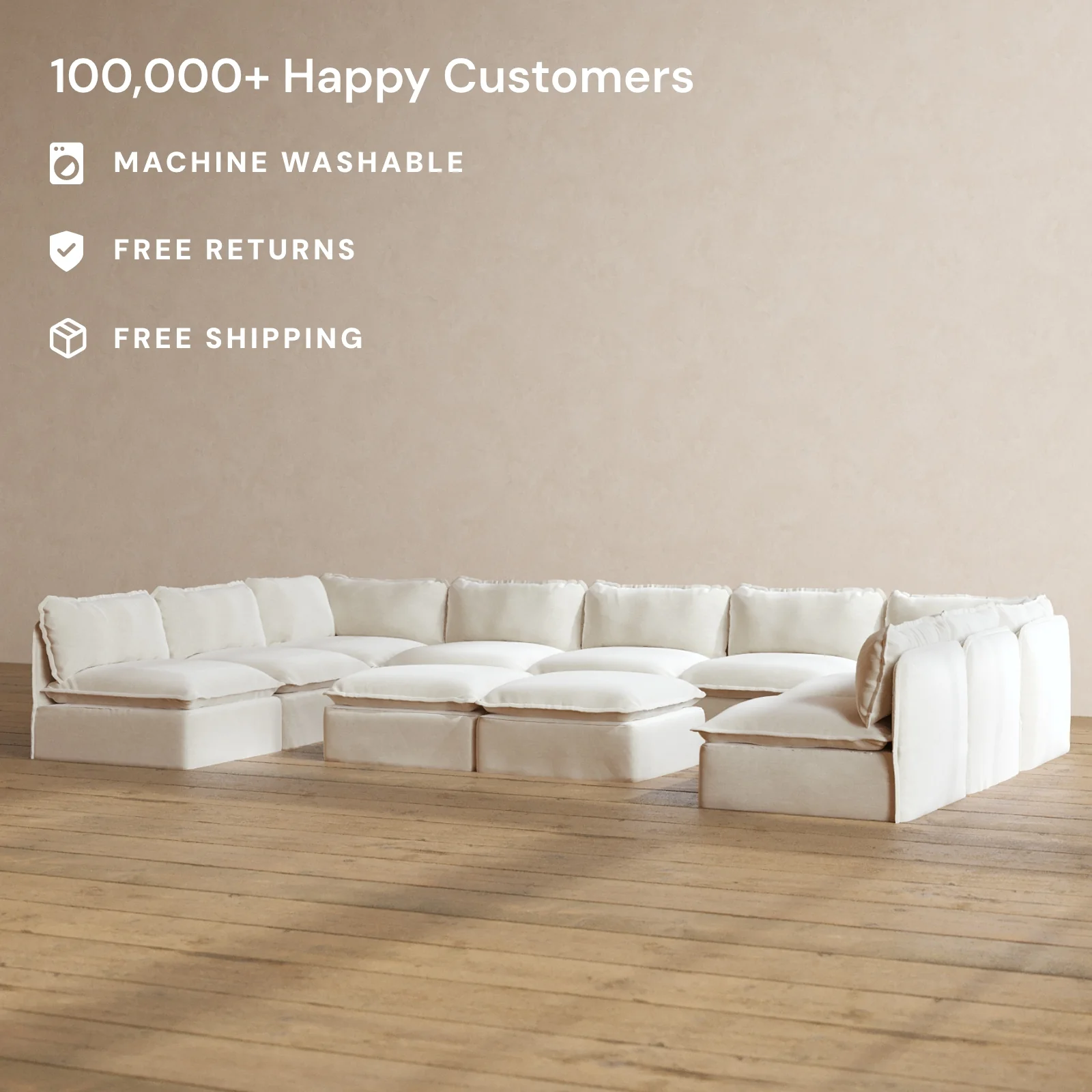 Modular Washable 9-Seater Open-Ends U-Sectional + Bench Ottoman in Coco | Deluxe+ Seat | Cloud Pillow - Image 2