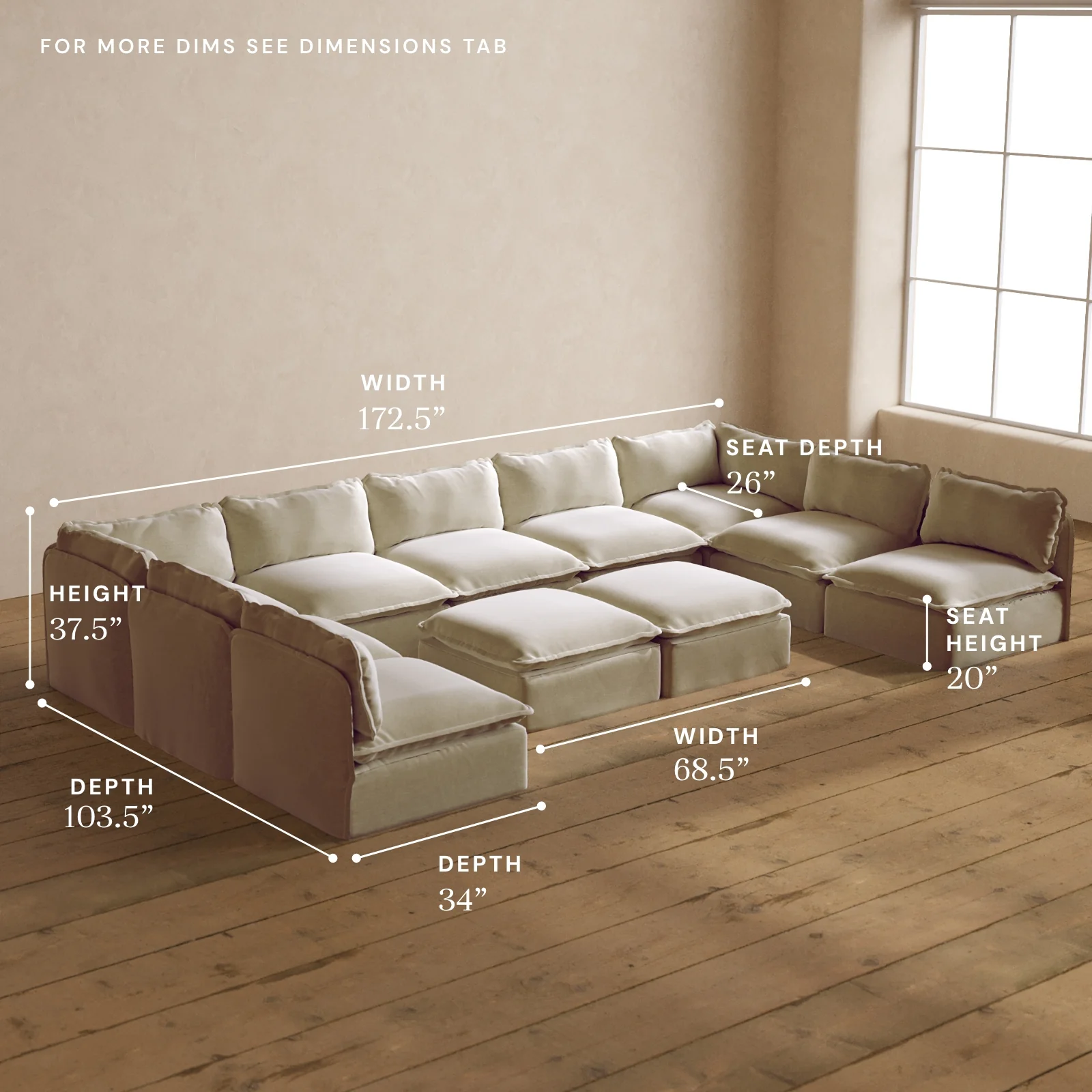Modular Washable 9-Seater Open-Ends U-Sectional + Bench Ottoman in Coco | Memorix+ Seat | Contour Pillow - Image 5