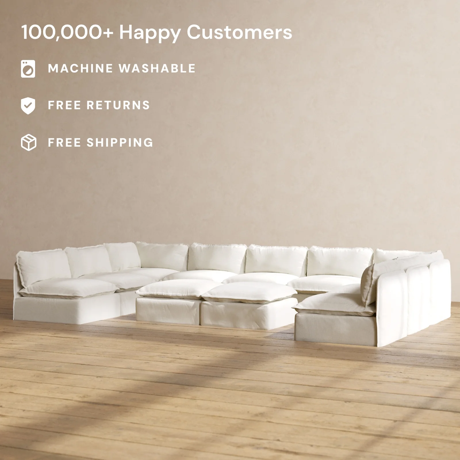 Modular Washable 9-Seater Open-Ends U-Sectional + Bench Ottoman in Eggshell | Memorix+ Seat | Contour Pillow - Image 2