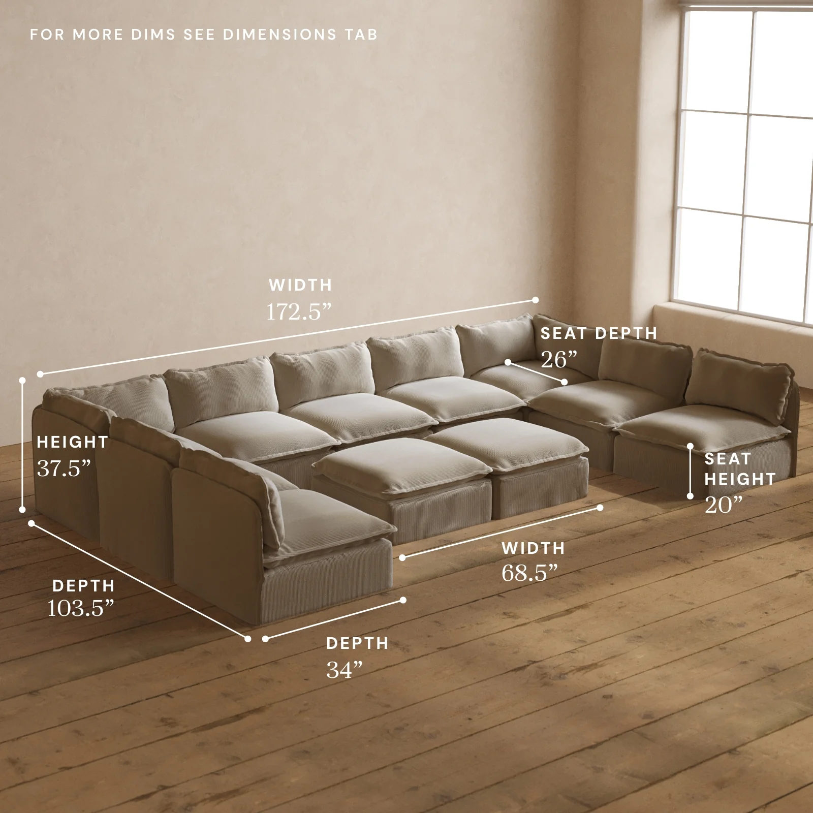 Modular Washable 9-Seater Open-Ends U-Sectional + Bench Ottoman in Milk | Deluxe+ Seat | Cloud Pillow - Image 5