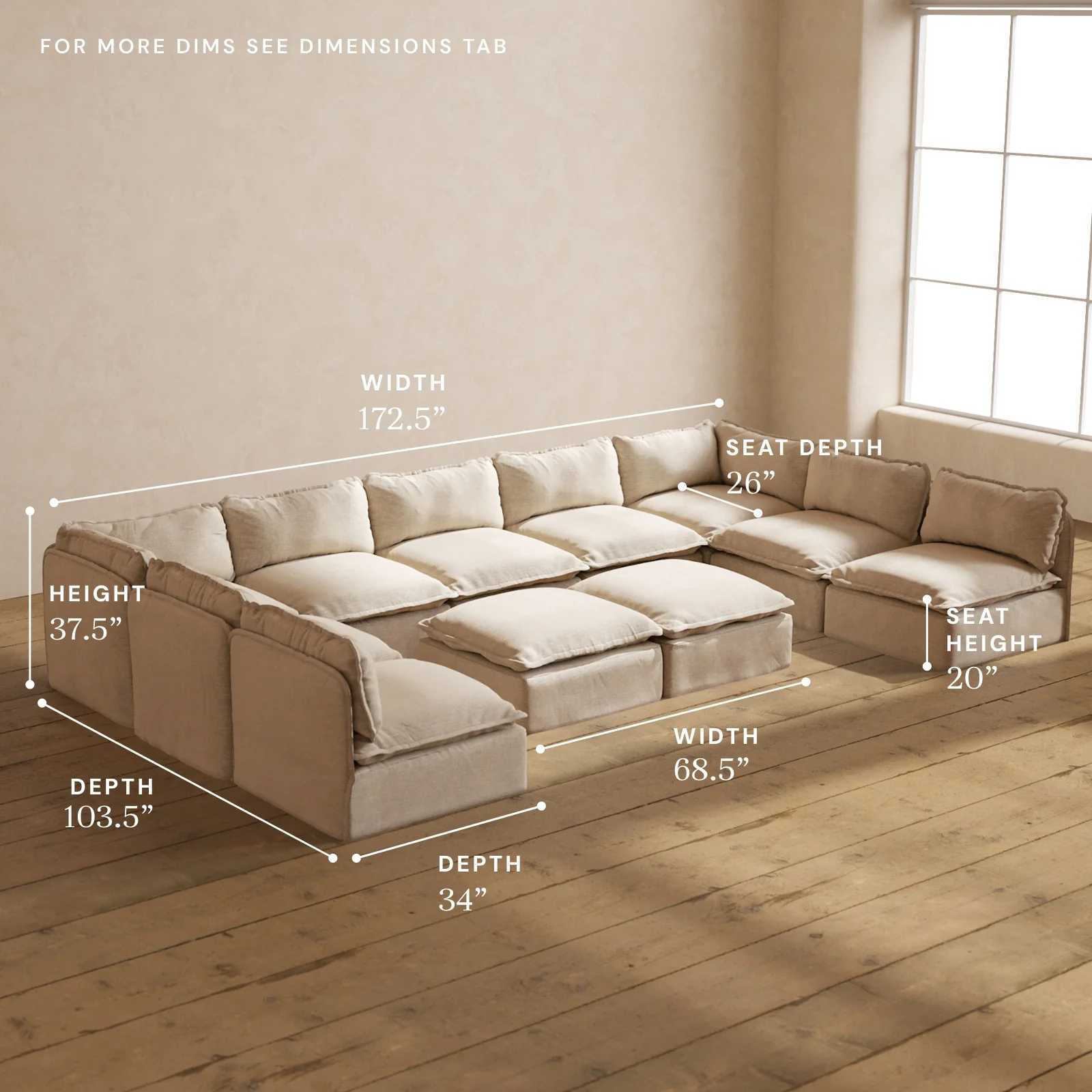 Modular Washable 9-Seater Open-Ends U-Sectional + Bench Ottoman in Oat | Deluxe+ Seat | Cloud Pillow - Image 5