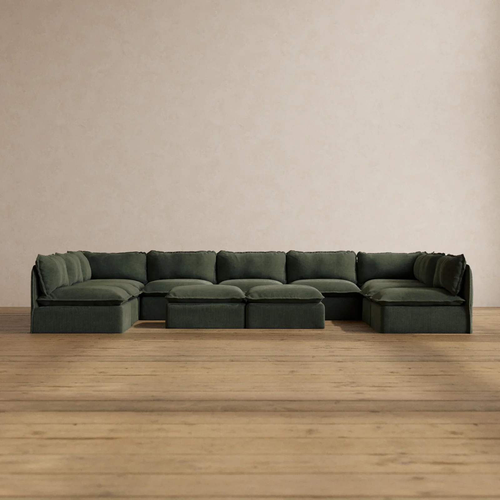 Modular Washable 9-Seater Open-Ends U-Sectional + Bench Ottoman in Olivine | Memorix+ Seat | Contour Pillow