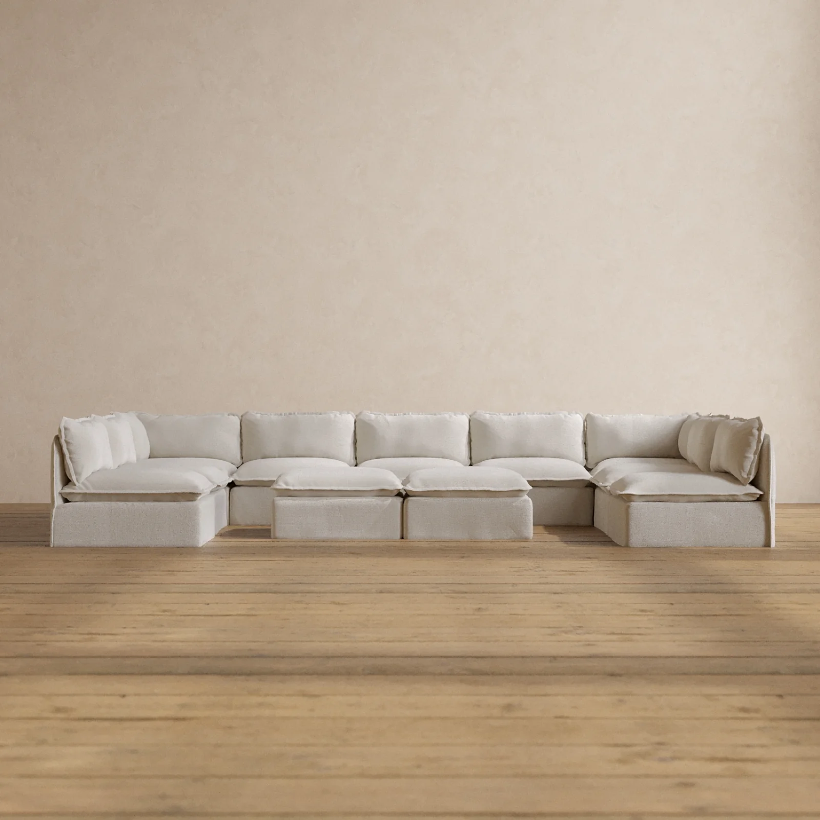 Modular Washable 9-Seater Open-Ends U-Sectional + Bench Ottoman in Powder | Deluxe+ Seat | Cloud Pillow