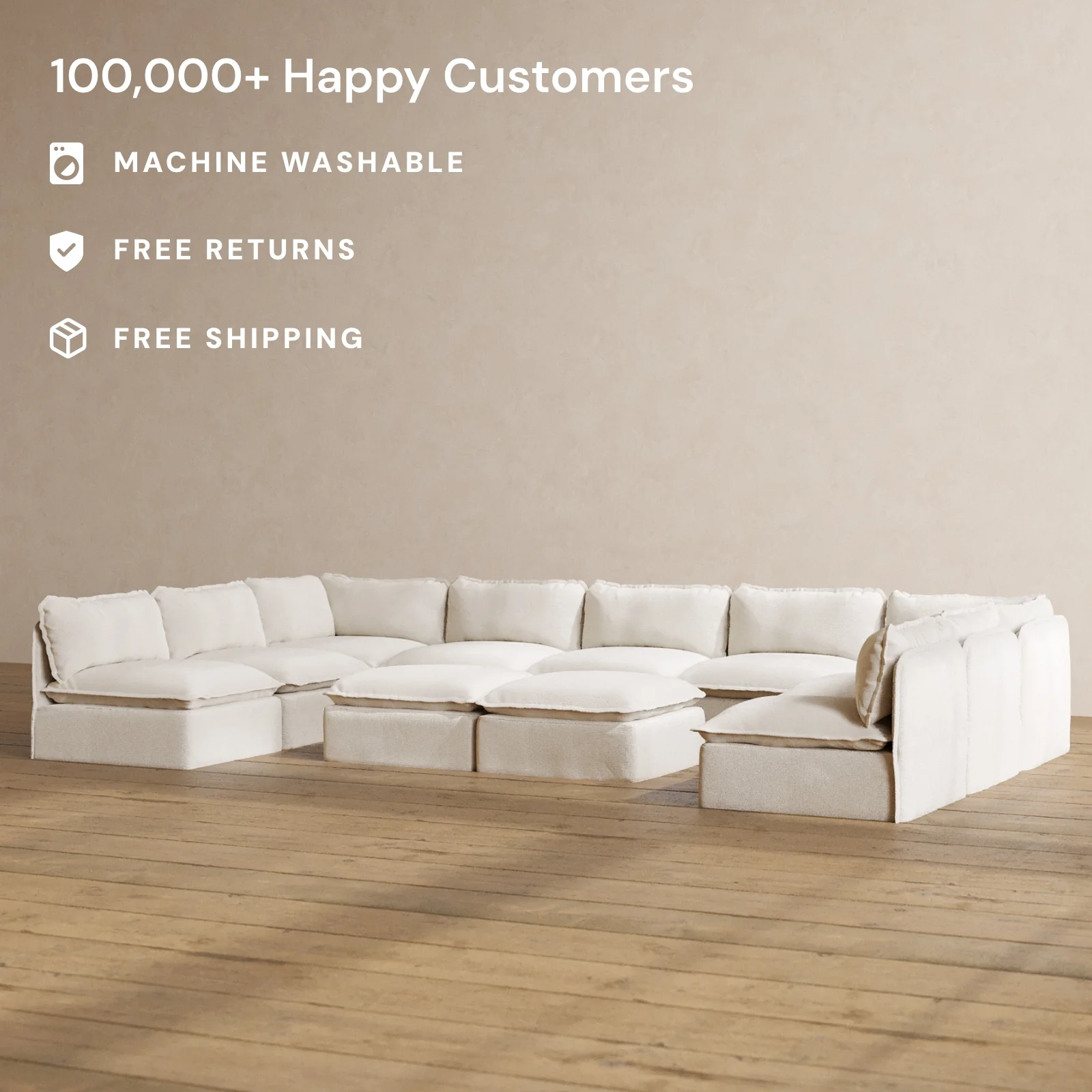 Modular Washable 9-Seater Open-Ends U-Sectional + Bench Ottoman in Powder | Deluxe+ Seat | Cloud Pillow - Image 2