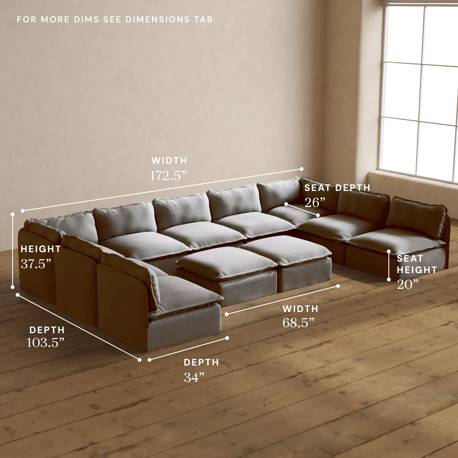 Modular Washable 9-Seater Open-Ends U-Sectional + Bench Ottoman in Pumice | Deluxe+ Seat | Cloud Pillow - Image 5