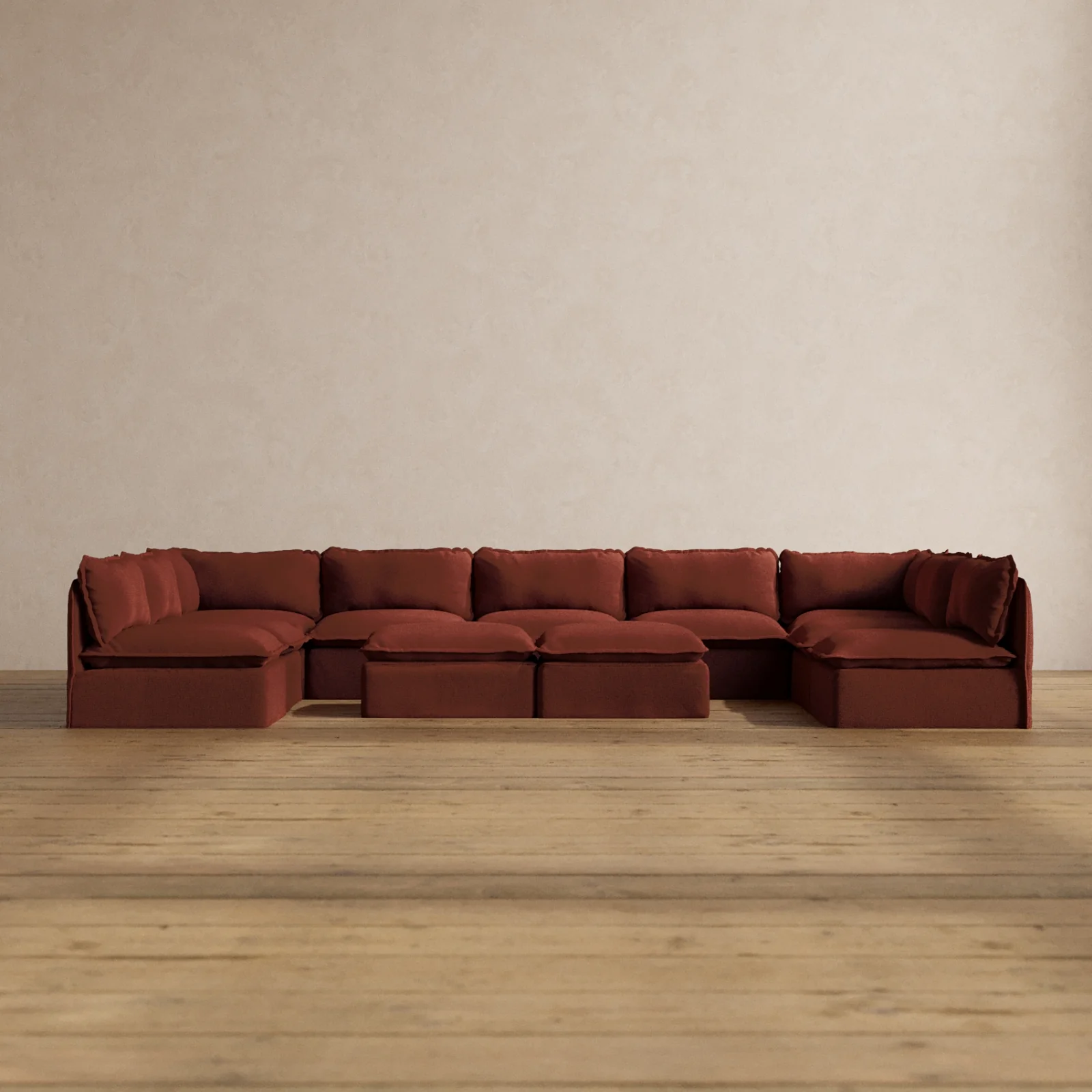 Modular Washable 9-Seater Open-Ends U-Sectional + Bench Ottoman in Rust | Memorix+ Seat | Contour Pillow