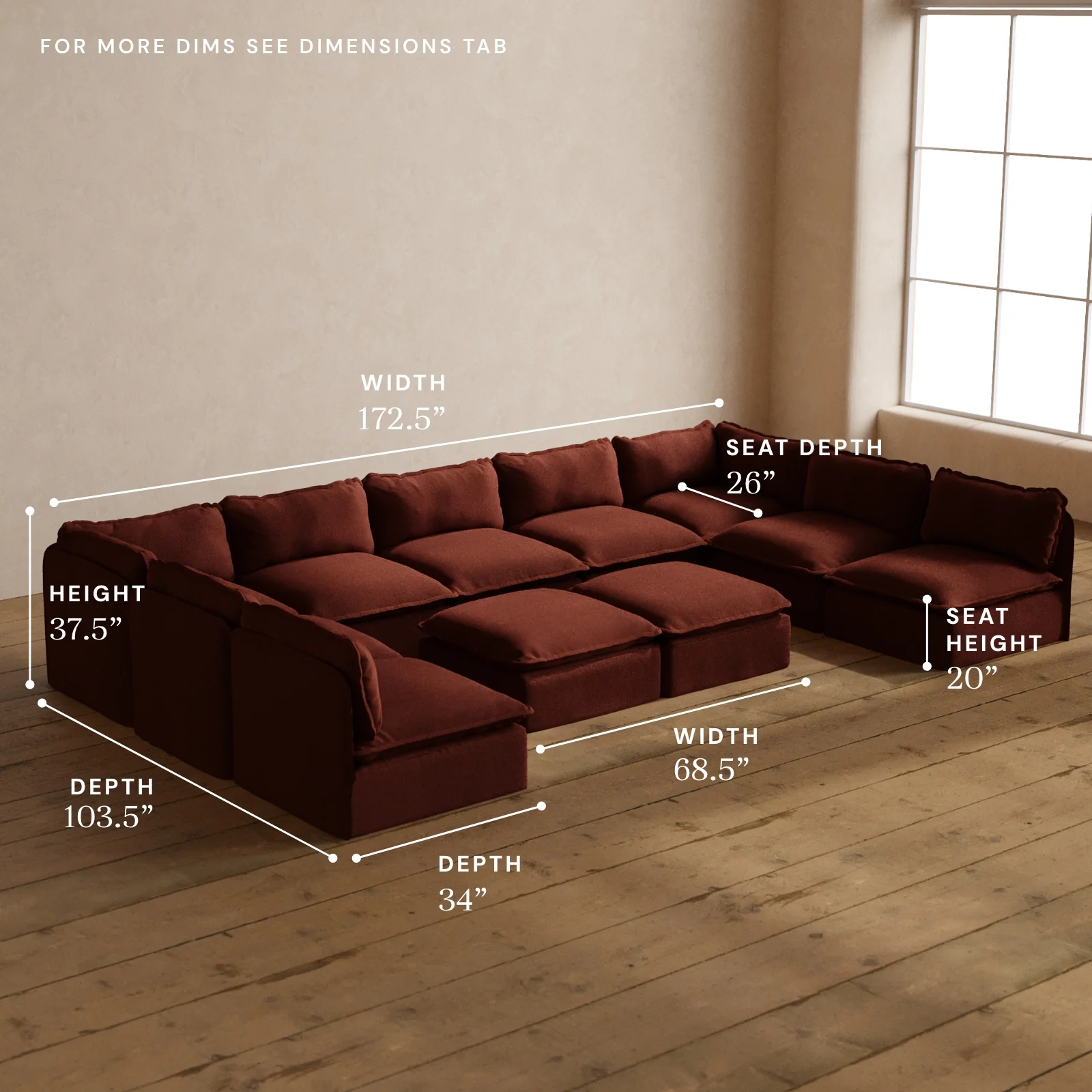Modular Washable 9-Seater Open-Ends U-Sectional + Bench Ottoman in Rust | Memorix+ Seat | Contour Pillow - Image 5