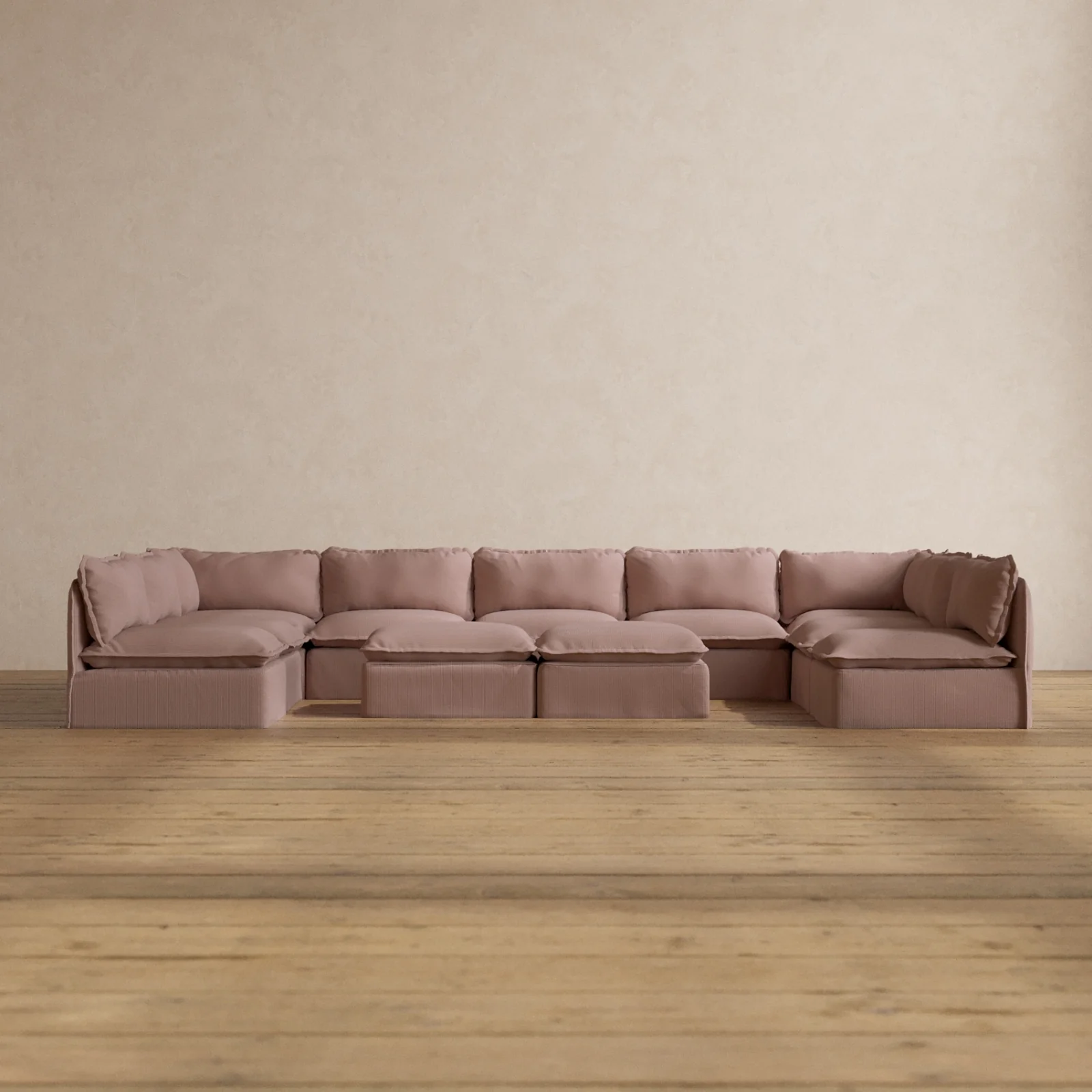 Modular Washable 9-Seater Open-Ends U-Sectional + Bench Ottoman in Sakura | Deluxe+ Seat | Cloud Pillow