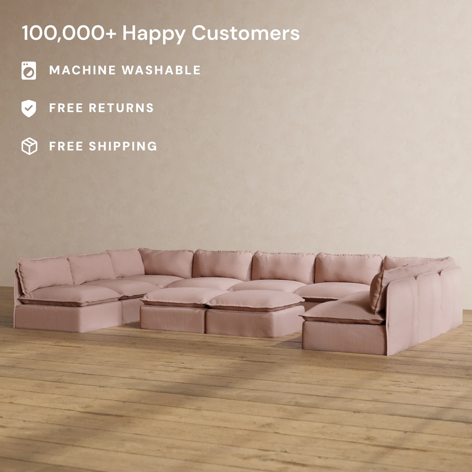 Modular Washable 9-Seater Open-Ends U-Sectional + Bench Ottoman in Sakura | Deluxe+ Seat | Cloud Pillow - Image 2