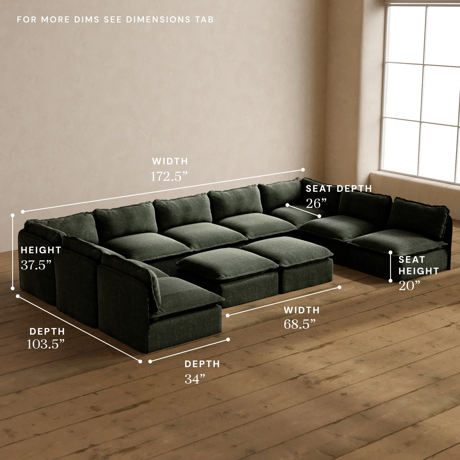 Modular Washable 9-Seater Open-Ends U-Sectional + Bench Ottoman in Willow | Deluxe+ Seat | Cloud Pillow - Image 5