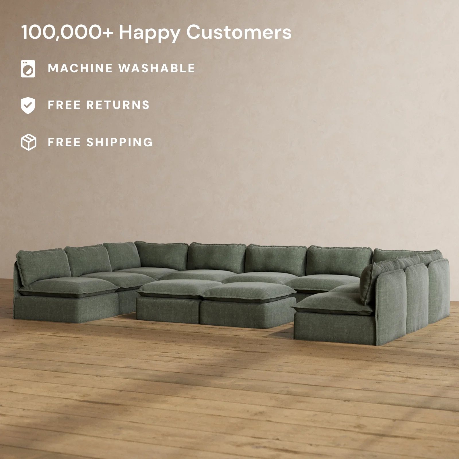 Modular Washable 9-Seater Open-Ends U-Sectional + Bench Ottoman in Willow | Memorix+ Seat | Contour Pillow - Image 2