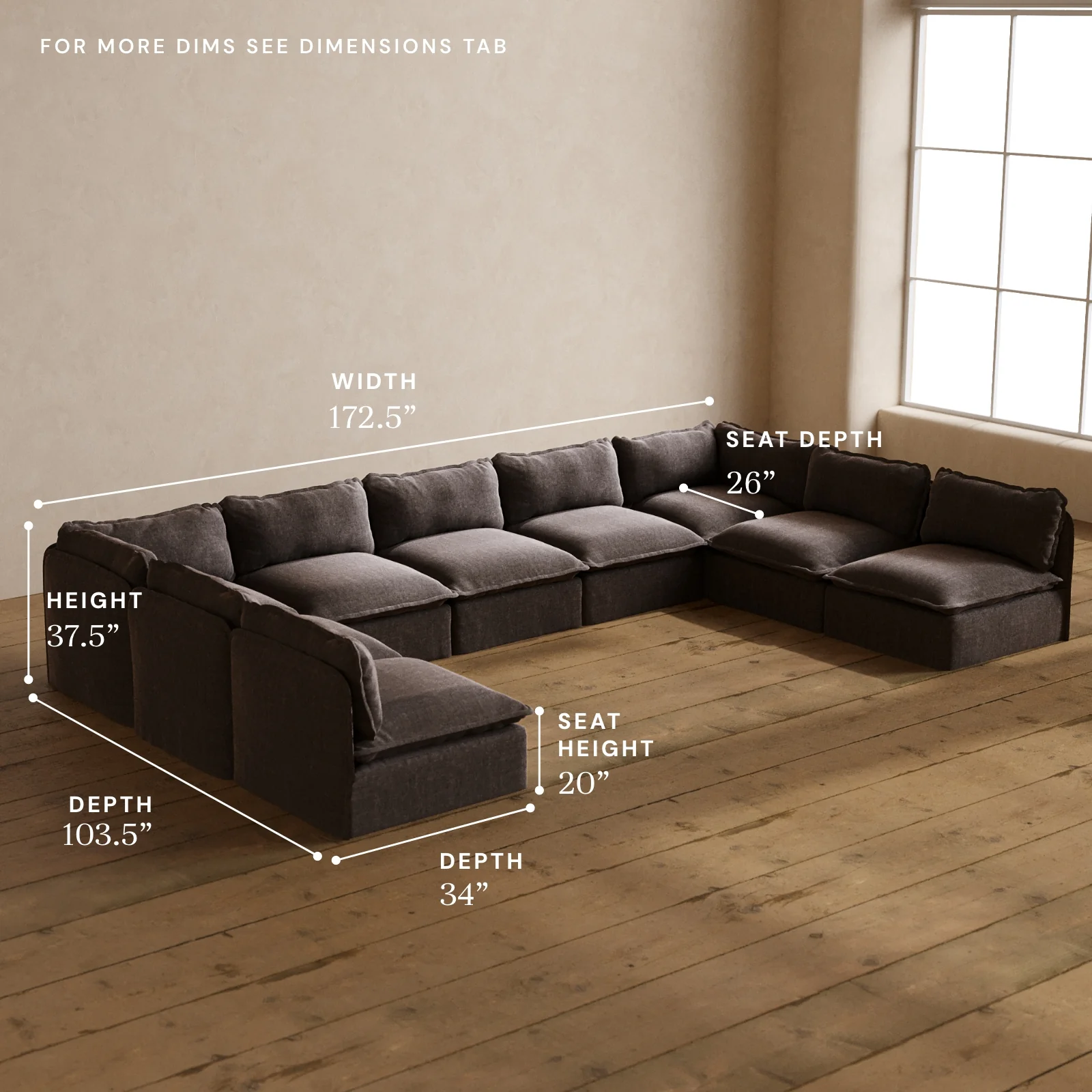 Modular Washable 9-Seater Open-Ends U-Sectional in Caviar | Deluxe+ Seat | Cloud Pillow - Image 5