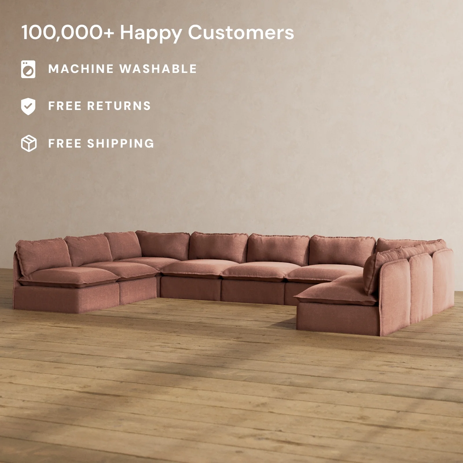 Modular Washable 9-Seater Open-Ends U-Sectional in Chestnut | Memorix+ Seat | Contour Pillow - Image 2