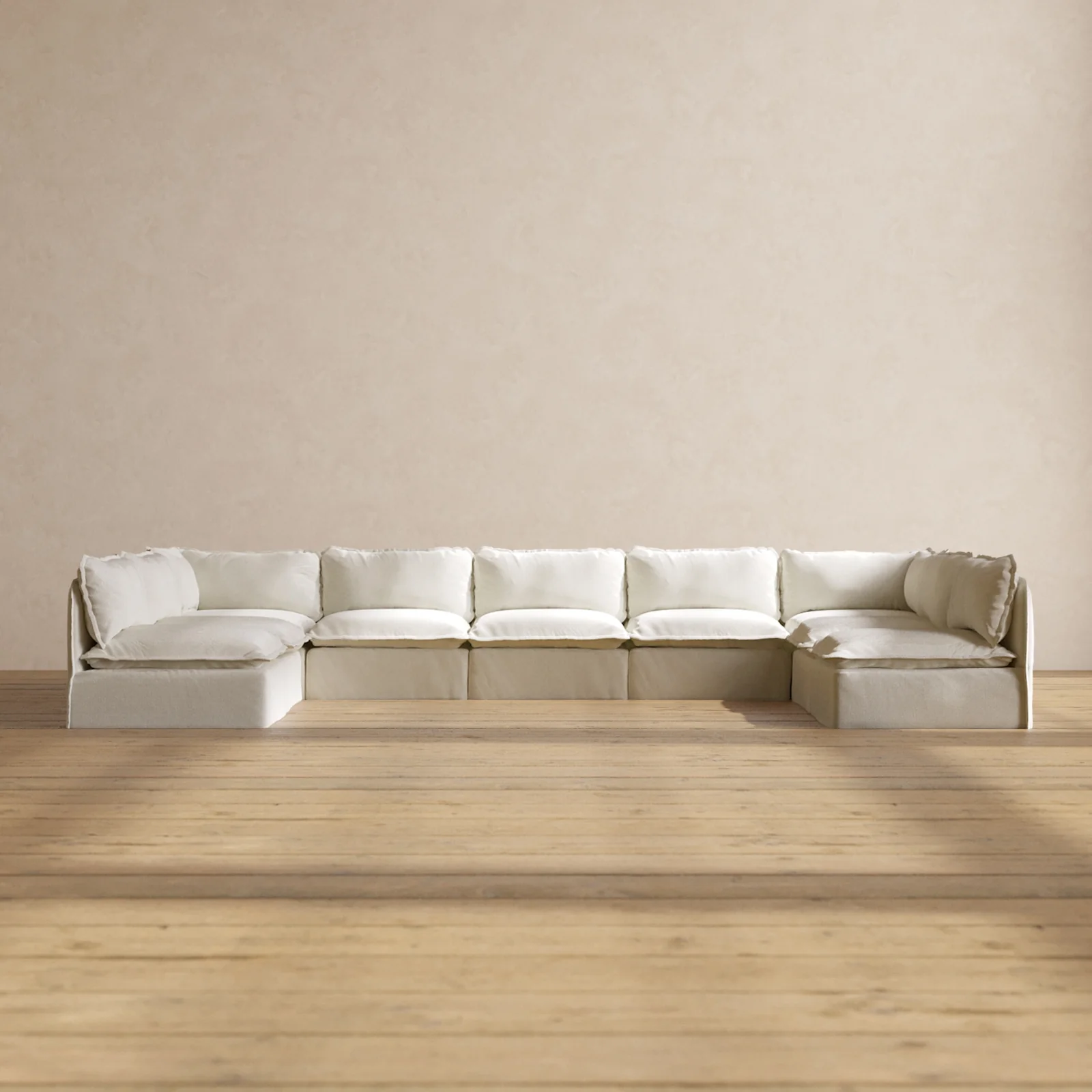 Modular Washable 9-Seater Open-Ends U-Sectional in Eggshell | Deluxe+ Seat | Cloud Pillow