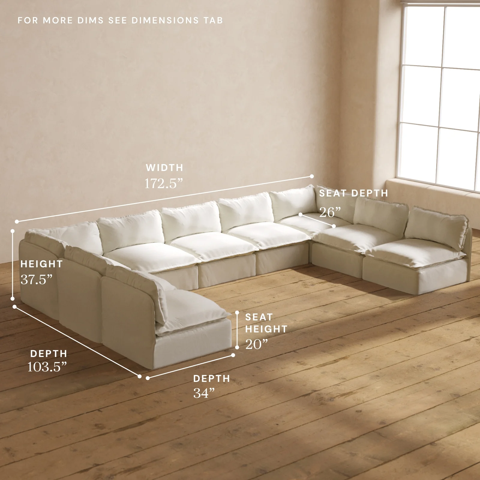 Modular Washable 9-Seater Open-Ends U-Sectional in Eggshell | Deluxe+ Seat | Cloud Pillow - Image 5