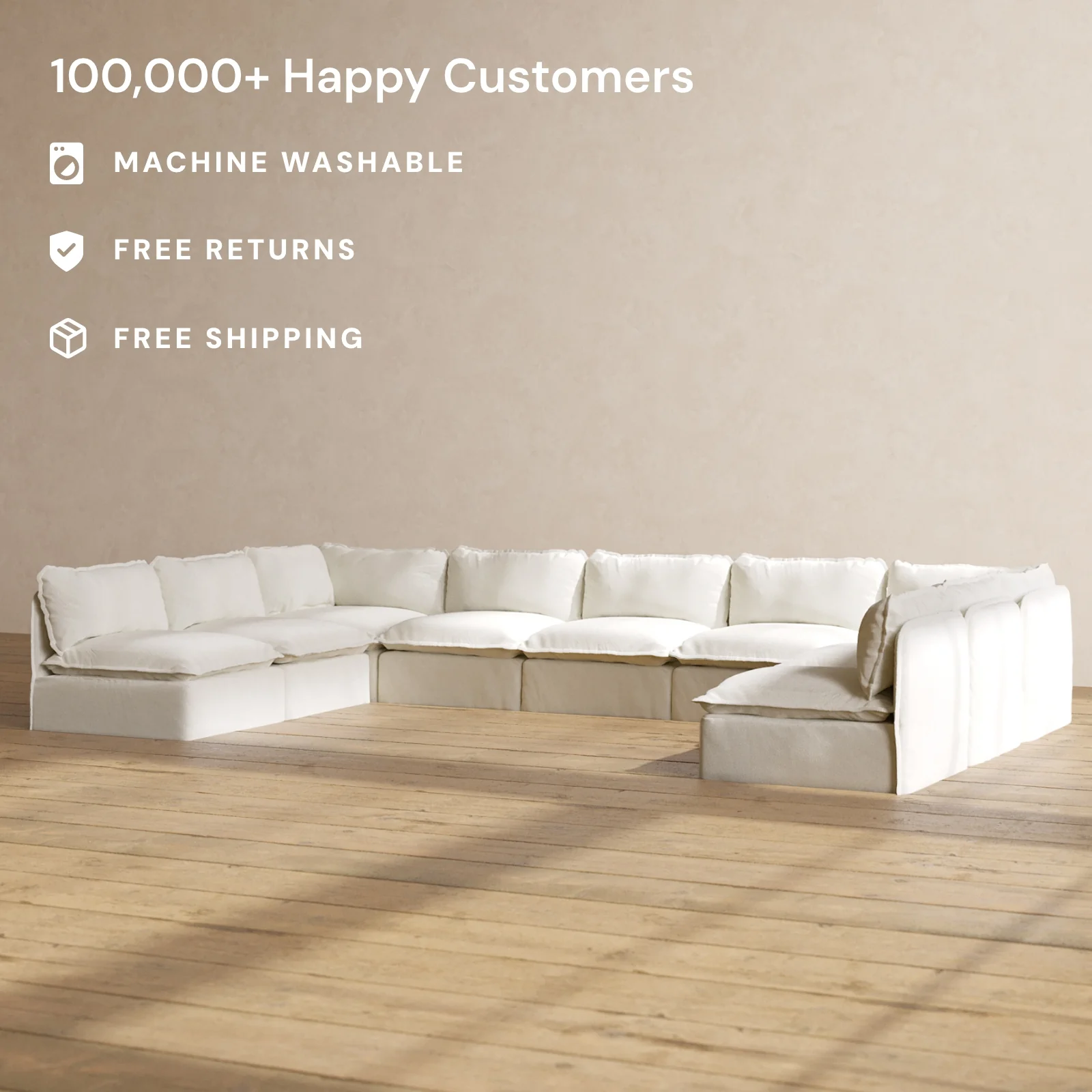 Modular Washable 9-Seater Open-Ends U-Sectional in Eggshell | Memorix+ Seat | Contour Pillow - Image 2
