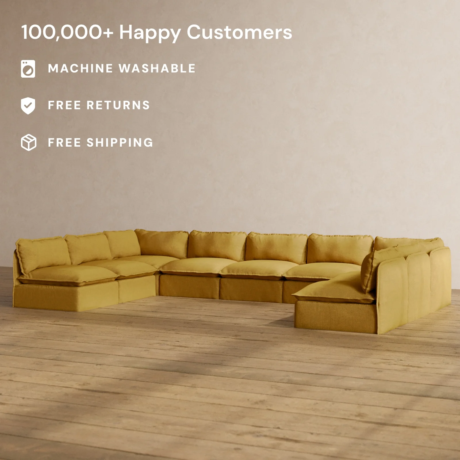 Modular Washable 9-Seater Open-Ends U-Sectional in Kiiro | Deluxe+ Seat | Cloud Pillow - Image 2