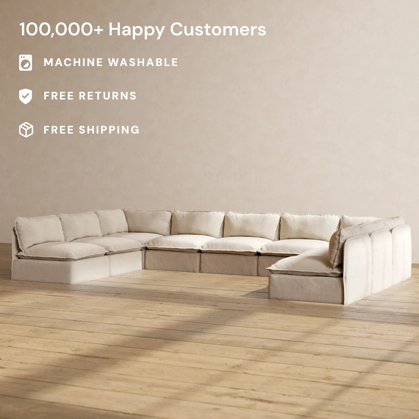 Modular Washable 9-Seater Open-Ends U-Sectional in Oat | Memorix+ Seat | Contour Pillow - Image 2