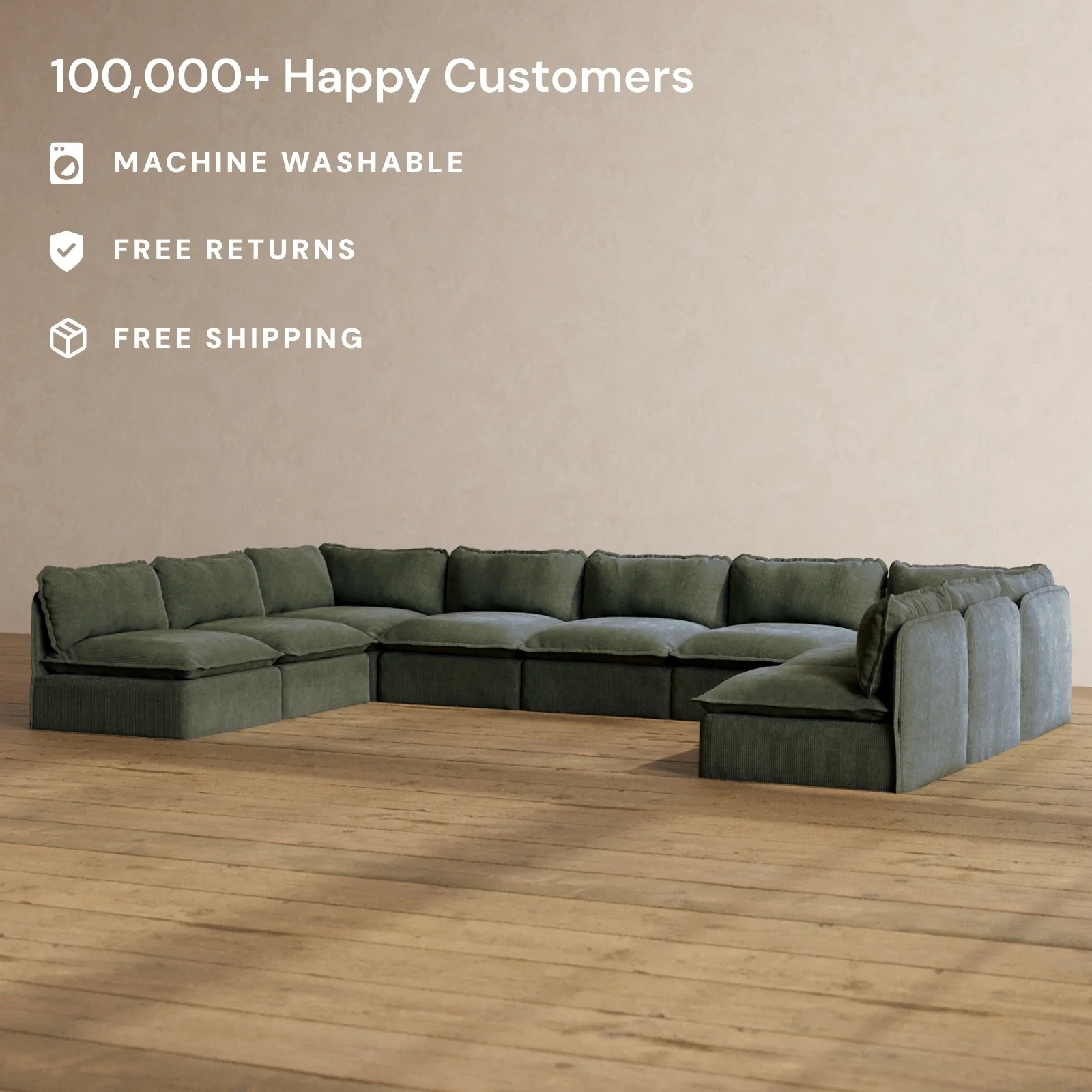 Modular Washable 9-Seater Open-Ends U-Sectional in Olivine | Memorix+ Seat | Contour Pillow - Image 2