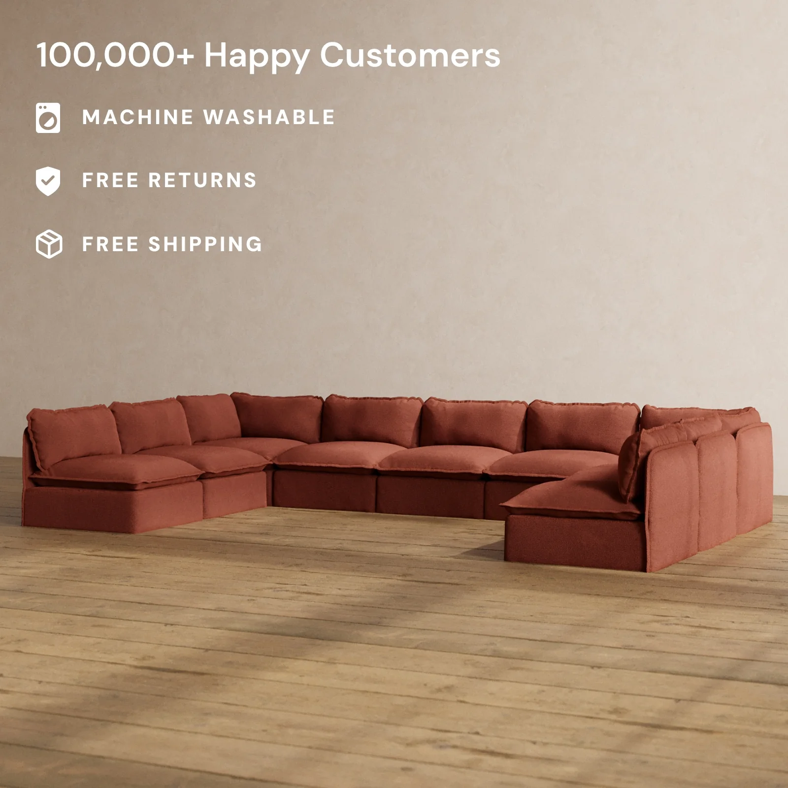 Modular Washable 9-Seater Open-Ends U-Sectional in Rust | Memorix+ Seat | Contour Pillow - Image 2