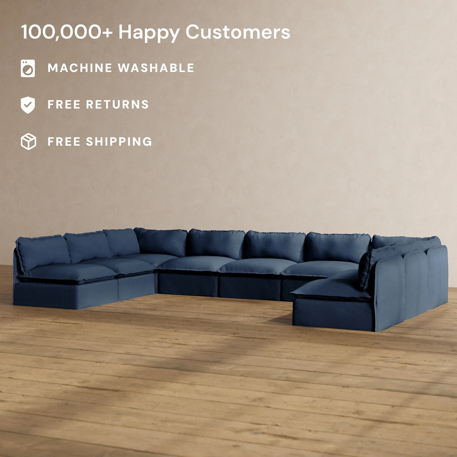 Modular Washable 9-Seater Open-Ends U-Sectional in Sumi | Deluxe+ Seat | Cloud Pillow - Image 2