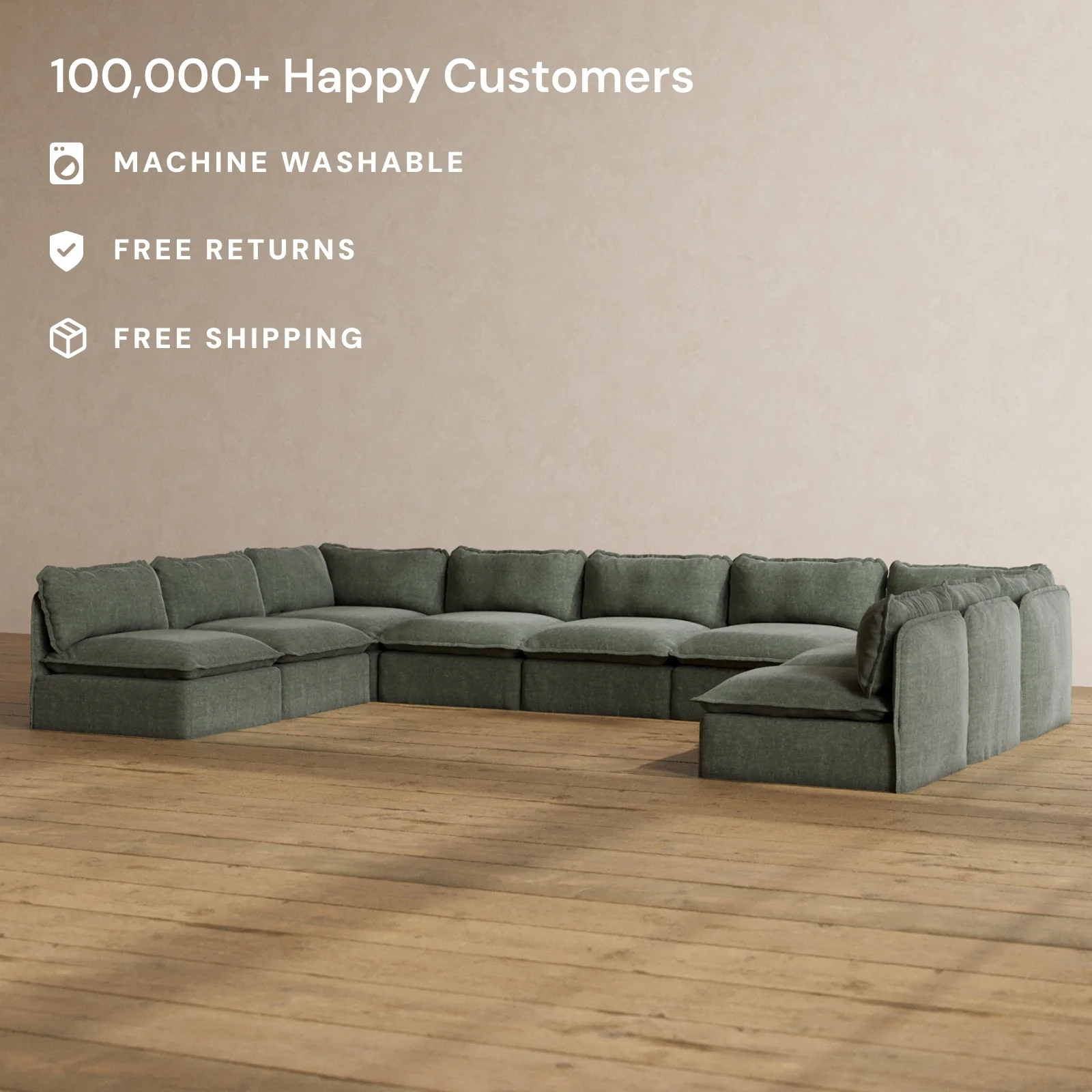 Modular Washable 9-Seater Open-Ends U-Sectional in Willow | Deluxe+ Seat | Cloud Pillow - Image 2