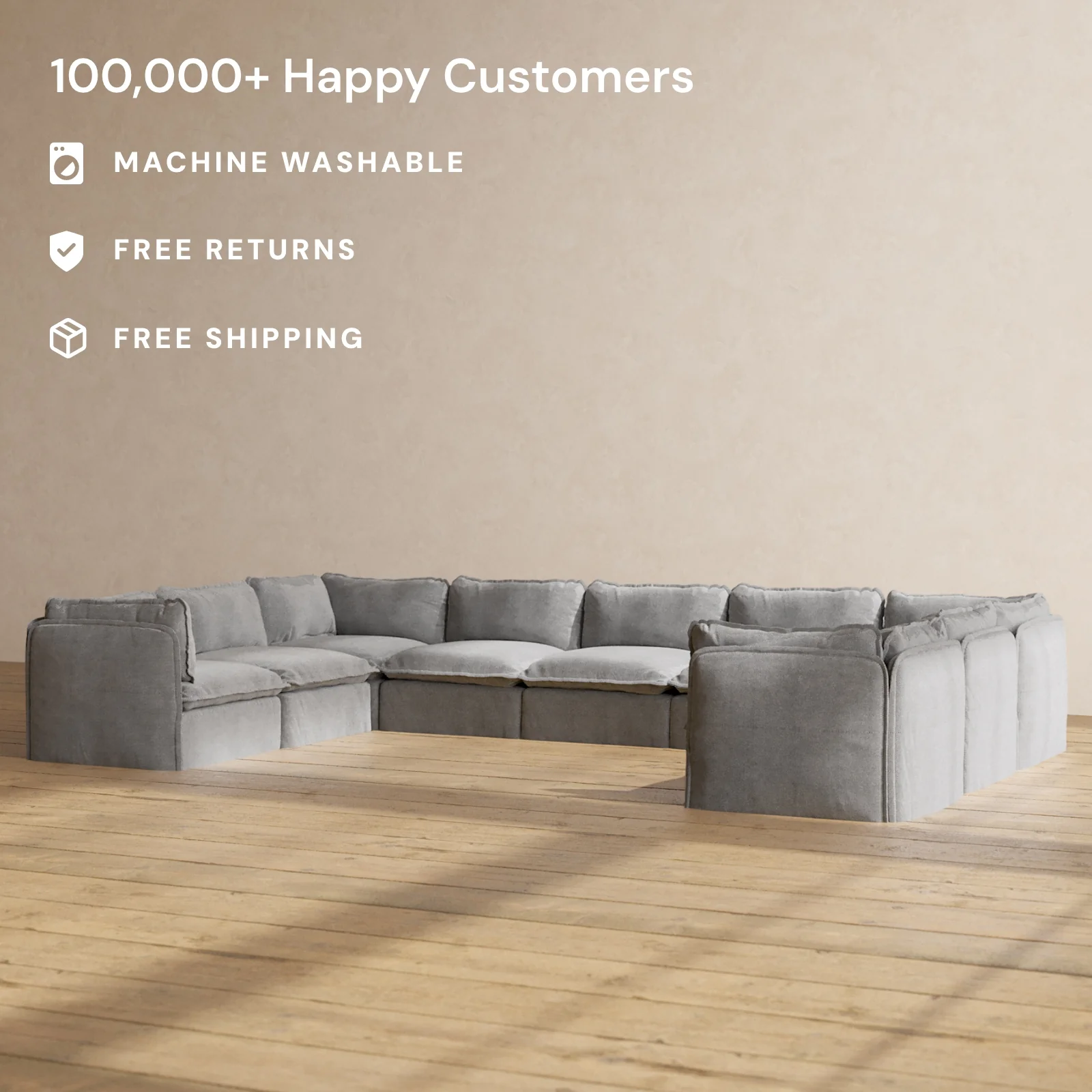 Modular Washable 9-Seater U-Sectional in Ash | Memorix+ Seat | Contour Pillow - Image 2