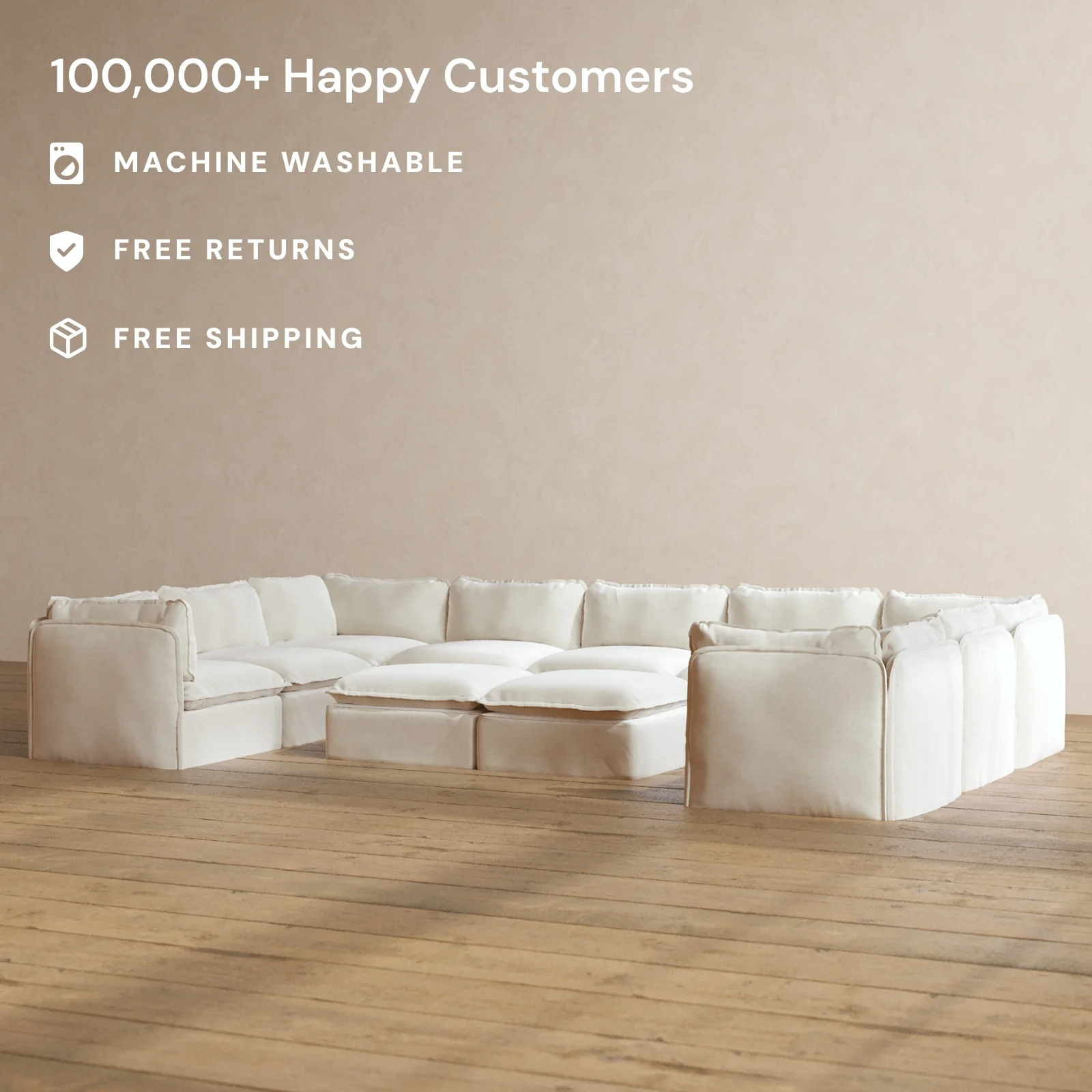 Modular Washable 9-Seater U-Sectional + Bench Ottoman in Coco | Deluxe+ Seat | Cloud Pillow - Image 2