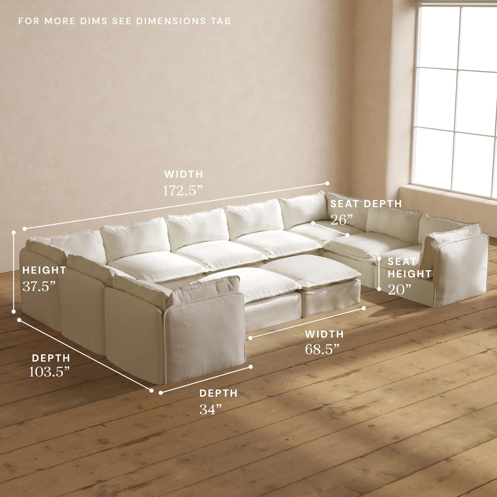 Modular Washable 9-Seater U-Sectional + Bench Ottoman in Eggshell | Deluxe+ Seat | Cloud Pillow - Image 5