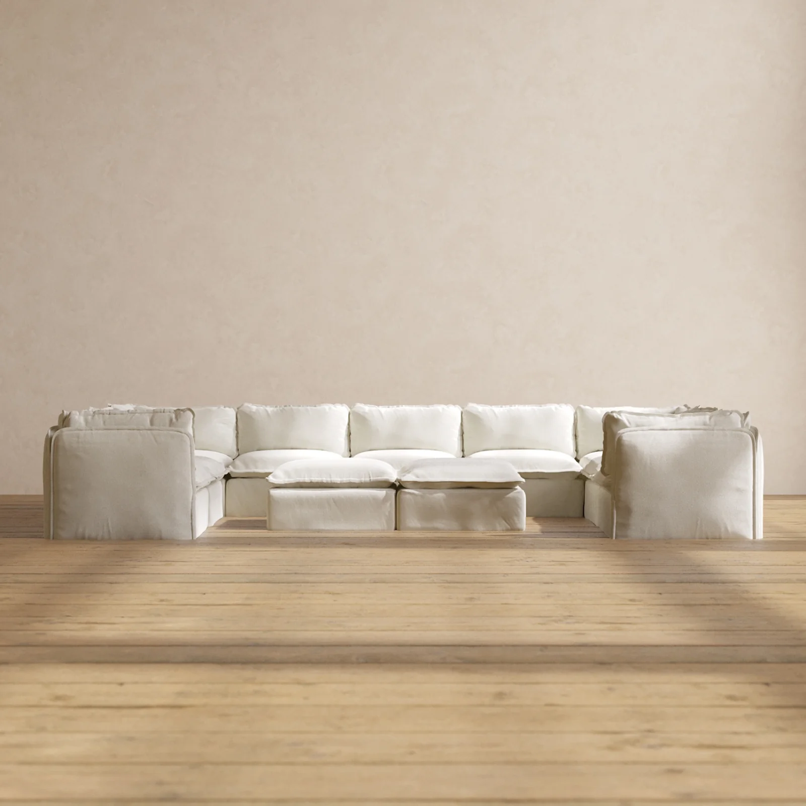 Modular Washable 9-Seater U-Sectional + Bench Ottoman in Eggshell | Memorix+ Seat | Contour Pillow