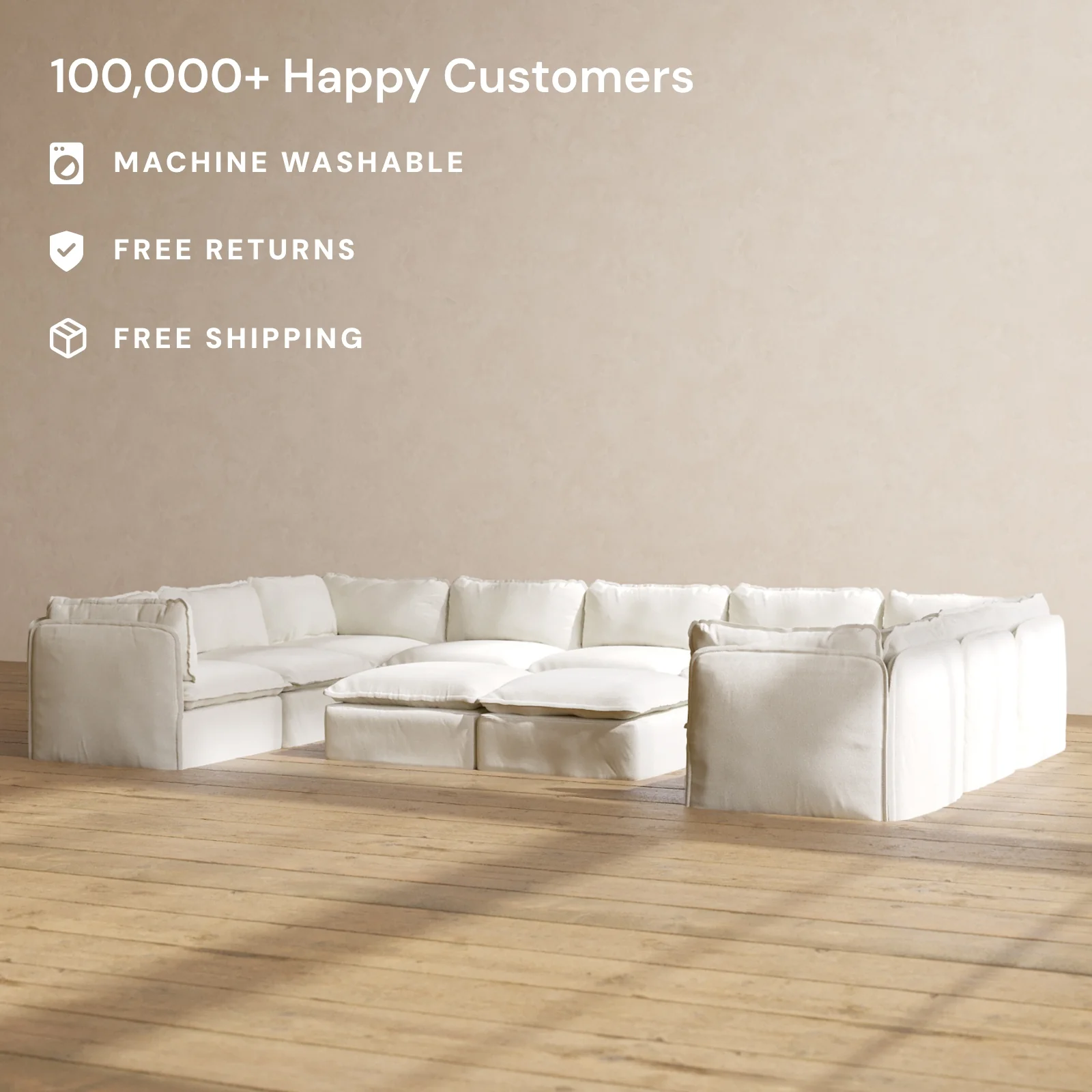 Modular Washable 9-Seater U-Sectional + Bench Ottoman in Eggshell | Memorix+ Seat | Contour Pillow - Image 2
