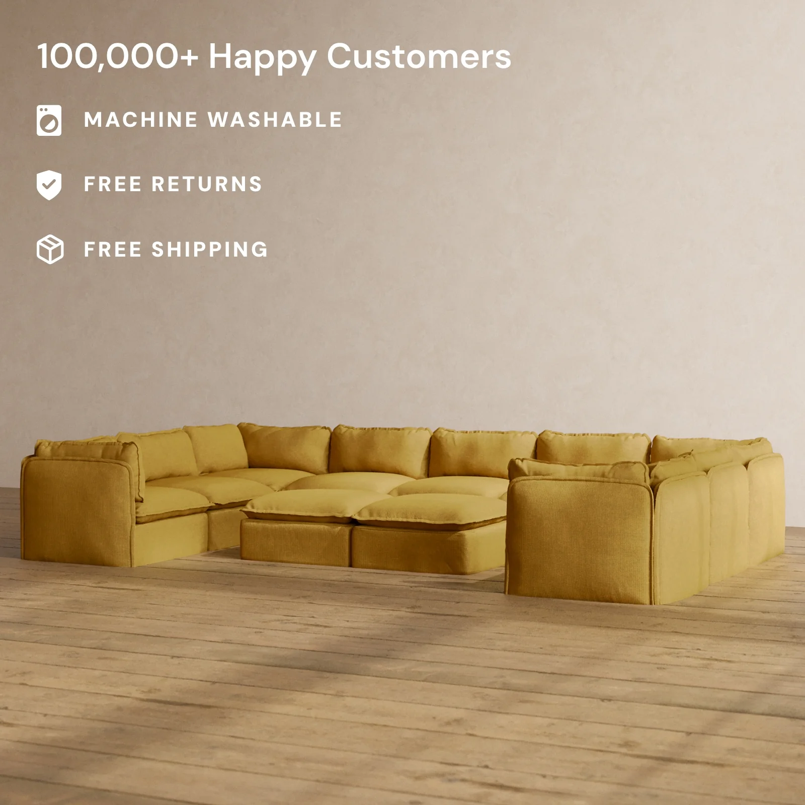Modular Washable 9-Seater U-Sectional + Bench Ottoman in Kiiro | Deluxe+ Seat | Cloud Pillow - Image 2