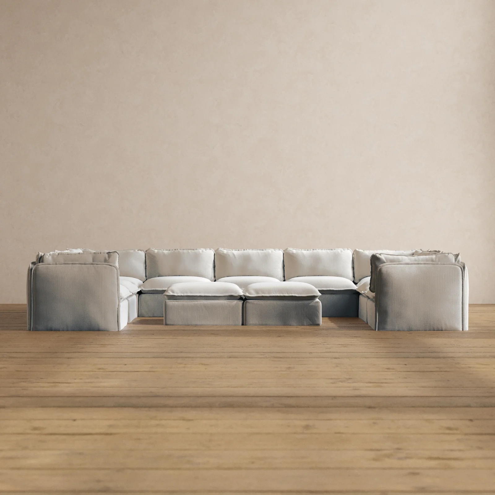 Modular Washable 9-Seater U-Sectional + Bench Ottoman in Milk | Memorix+ Seat | Contour Pillow