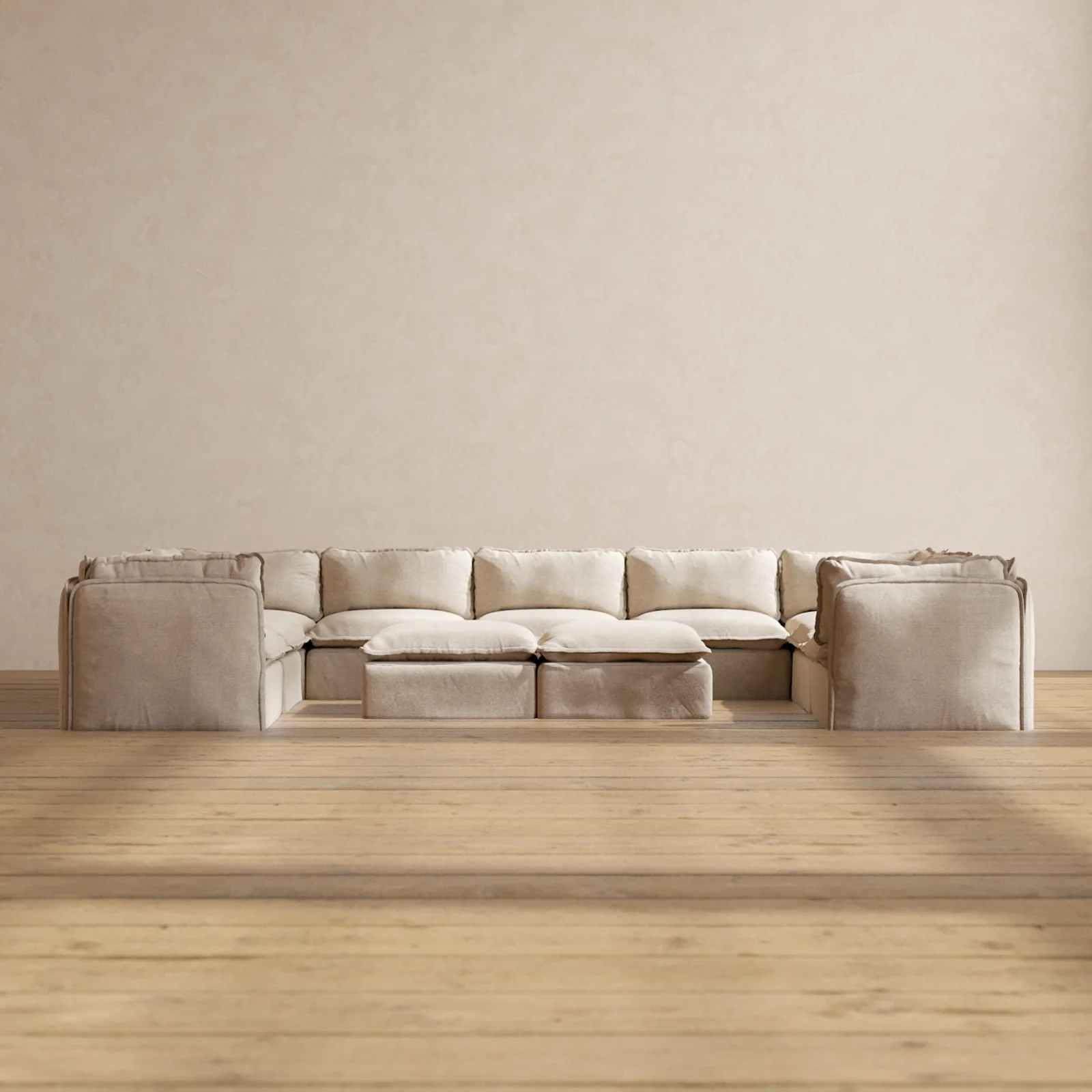 Modular Washable 9-Seater U-Sectional + Bench Ottoman in Oat | Memorix+ Seat | Contour Pillow