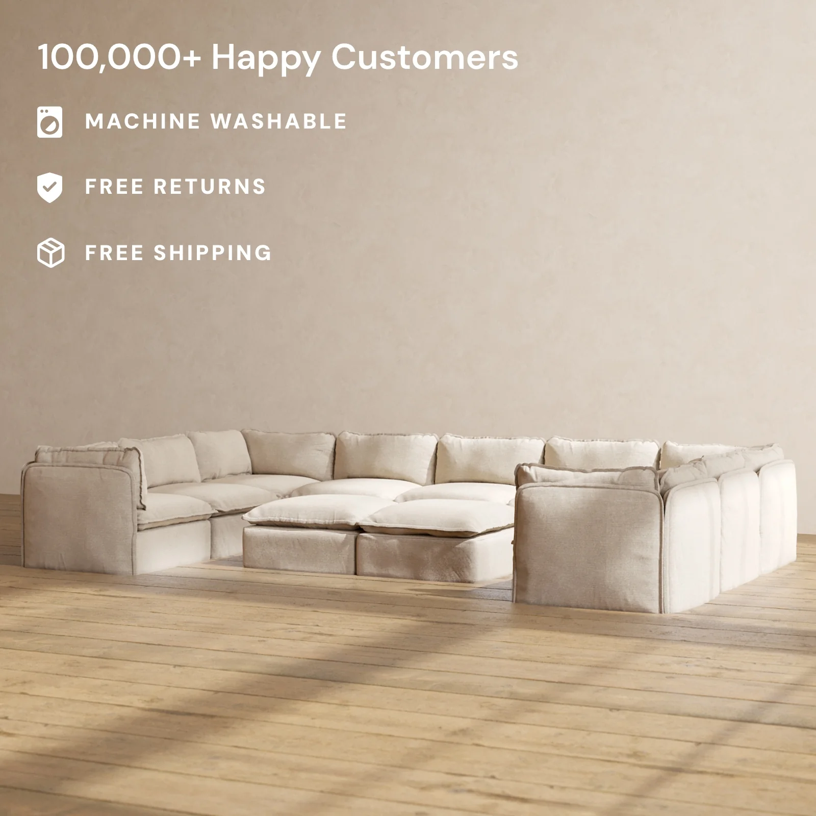 Modular Washable 9-Seater U-Sectional + Bench Ottoman in Oat | Memorix+ Seat | Contour Pillow - Image 2