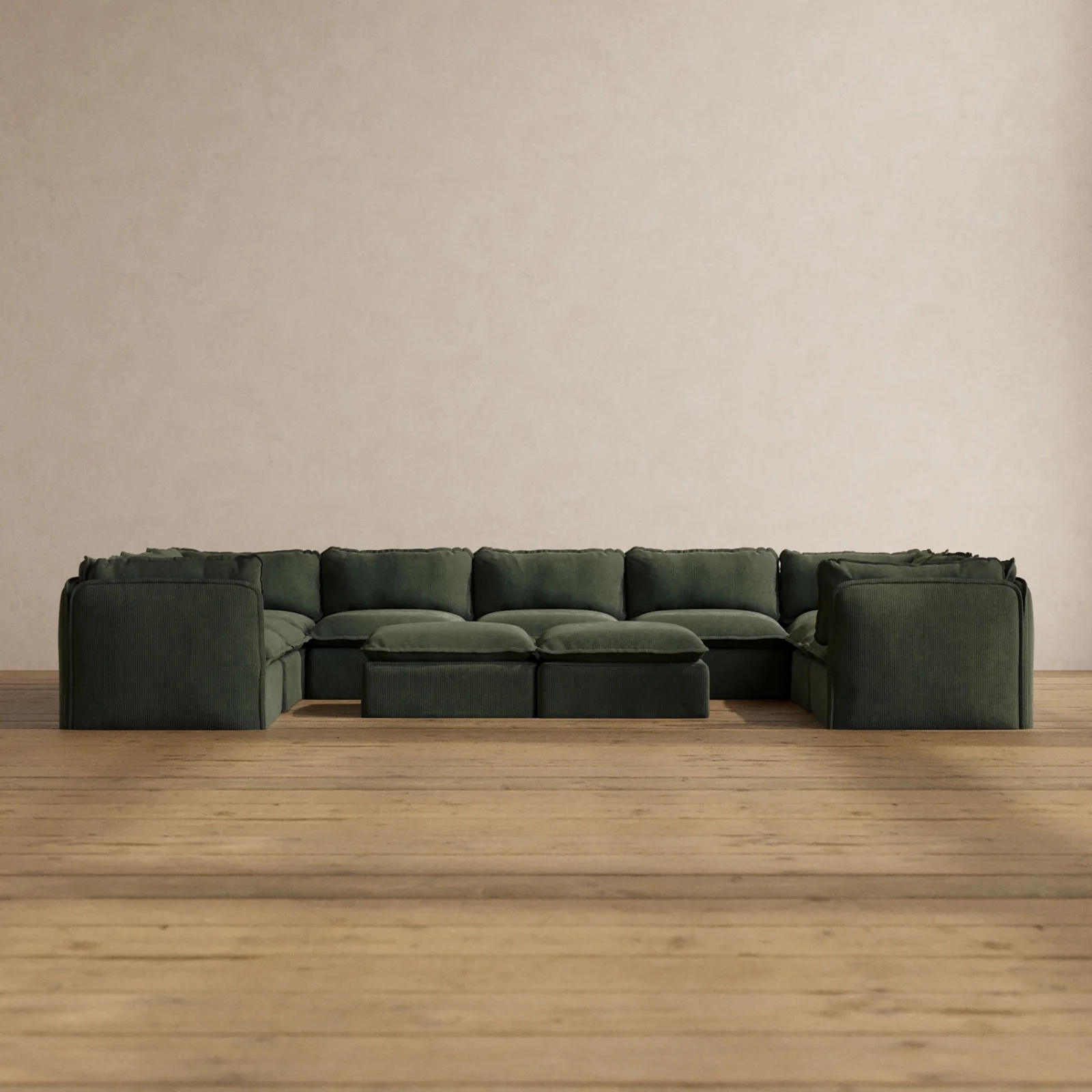 Modular Washable 9-Seater U-Sectional + Bench Ottoman in Olivine | Memorix+ Seat | Contour Pillow